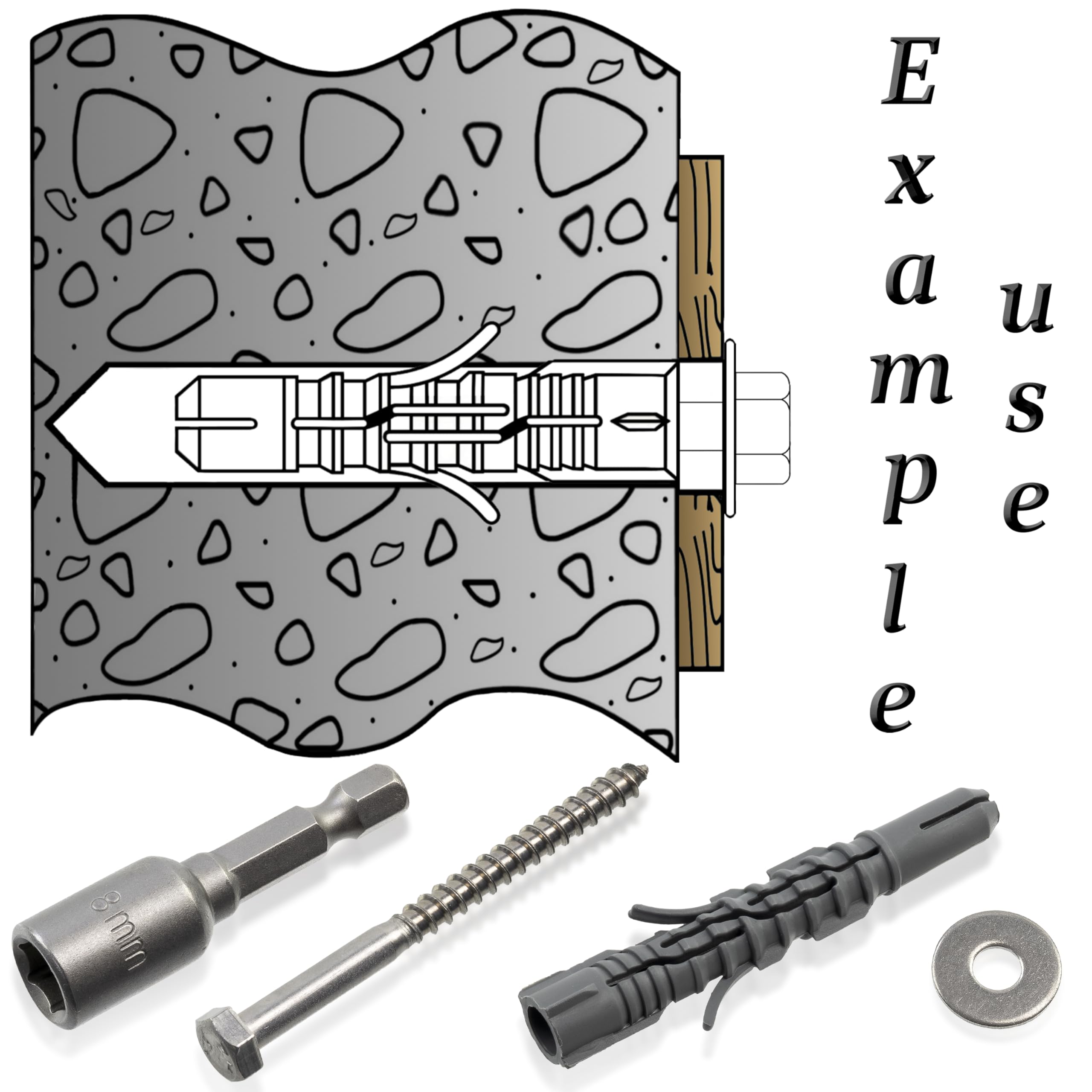 AERZETIX - Kit di 8 tasselli in nylon Ø8x60 mm + 8 viti tirafondo Ø5x60 mm inossidabile A2 + 8 rondelle larghe A2 per vite M5 + 1 bussola esagonale interna 1/4" SW8