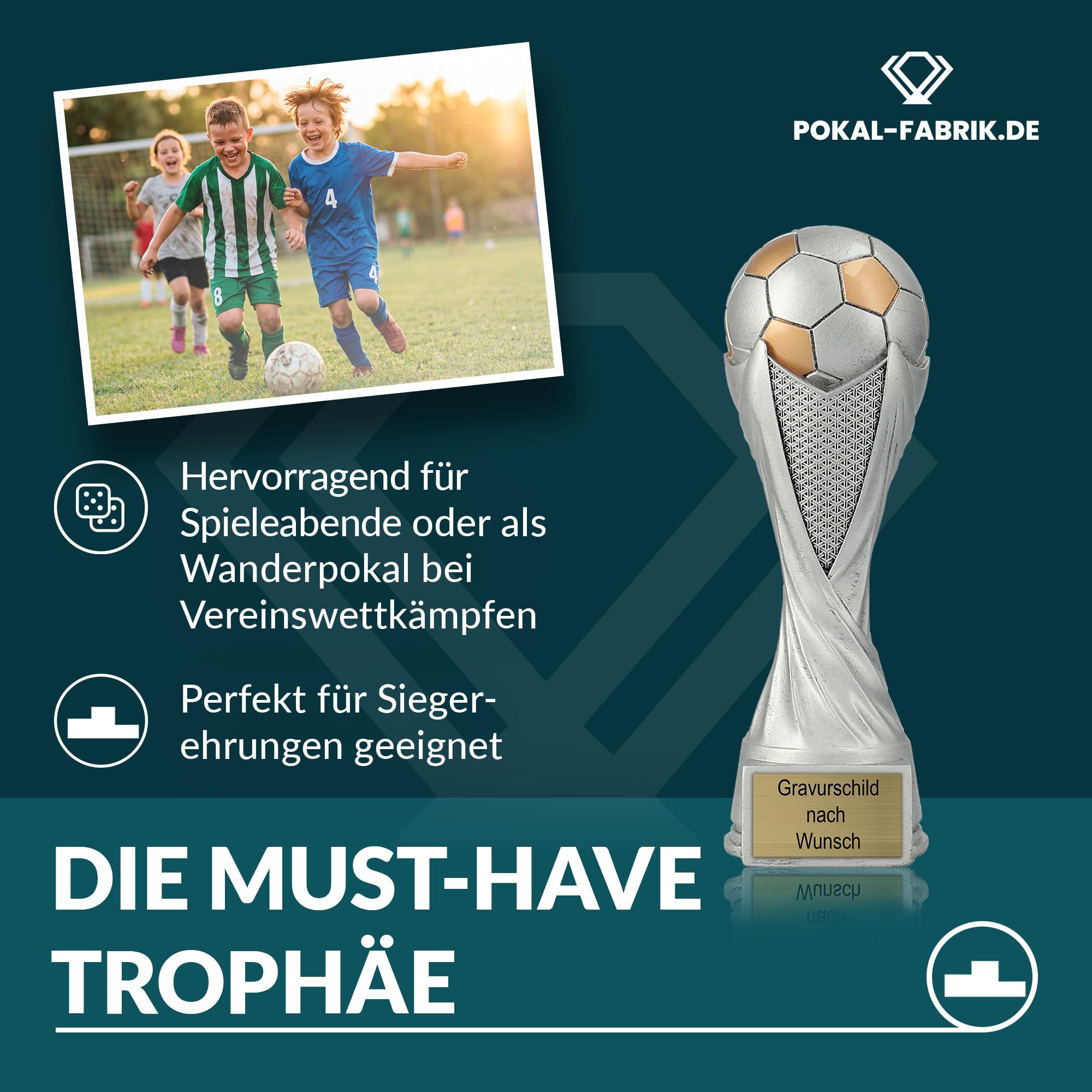 Pokal-Fabrik - Fußball Pokal mit Gravur Wunschtext 21 cm Resin Sportfigur – personalisierte Geschenk-Trophäe für Fussball WM, Sport Events, Wanderpokal und Kindergeburtstag