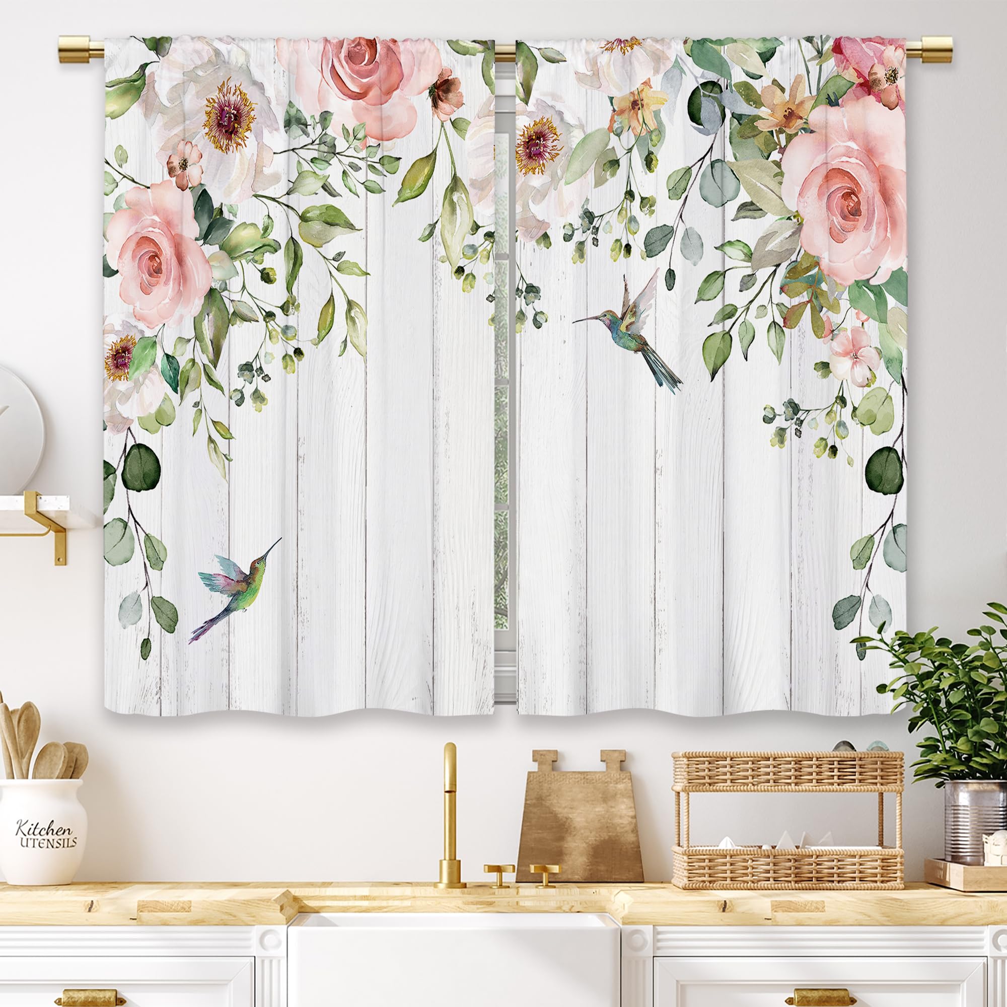 Laifzere Farmhouse Pink Flower Kitchen Curtains Botanical Leaves Rose Small Short Cafe Window Curtains Floral Hummingbird Wooden Barn Bathroom Drapes Treatment Tier Curtains 2 Panels (27.5x39 Inch) — image 1