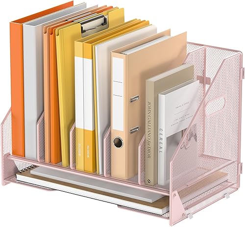 Miniatura 13 de Organizador de carpetas de archivos de escritorio, 5 compartimentos verticales con estantes y bandeja de papel para cartas, clasificador de archivos