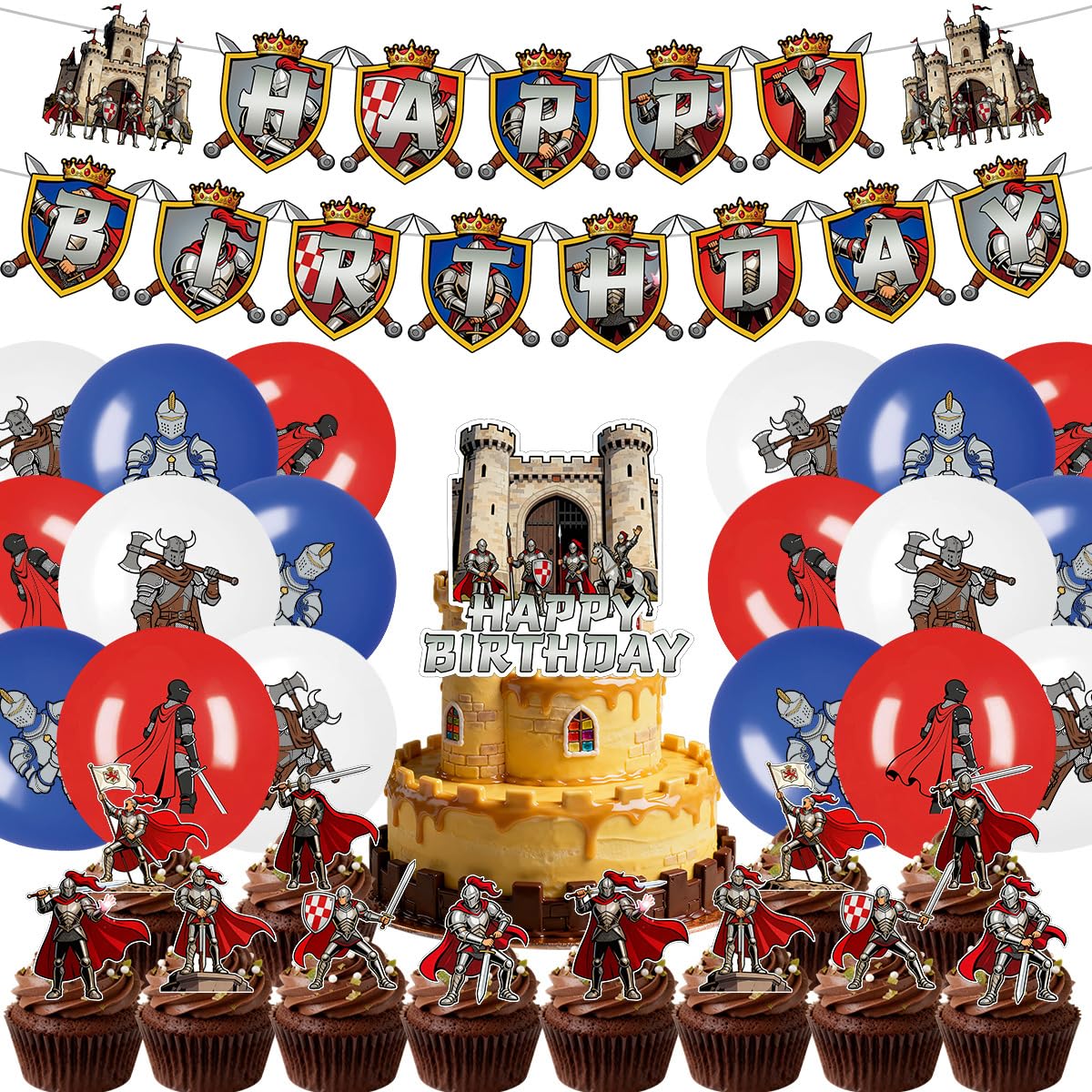 Fuwraixis 32 Pieces Middle Ages Balloon Decorations, Spartan Warrior Set Birthday Party Decorations Including Banners, Knight Retro Deco for Cakes and Latex Balloons