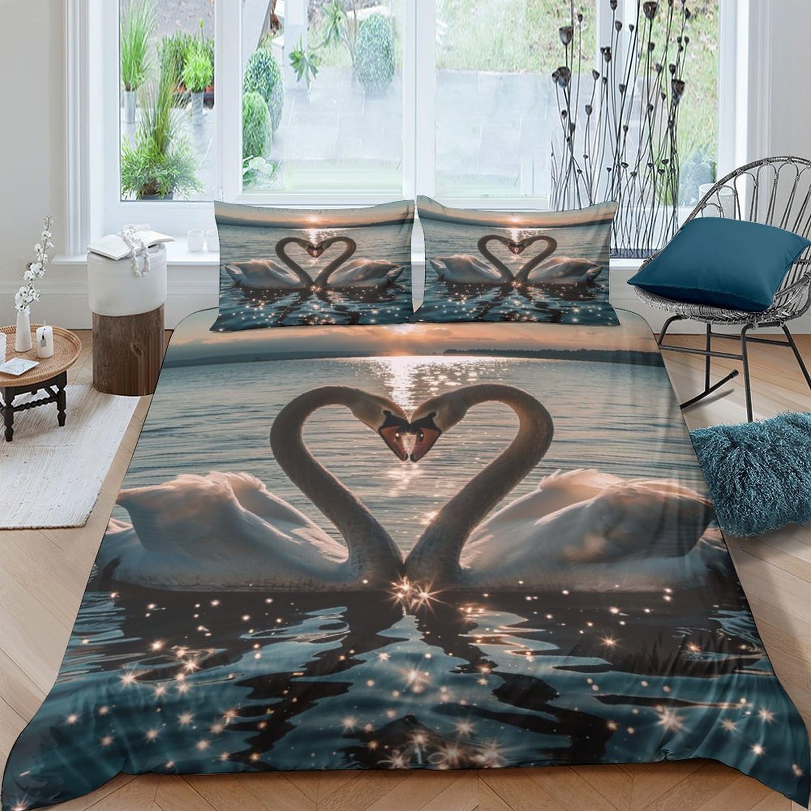 Housse de couette amour romantique motif cygne blanc 3 pièces pour sublimer votre chambre
