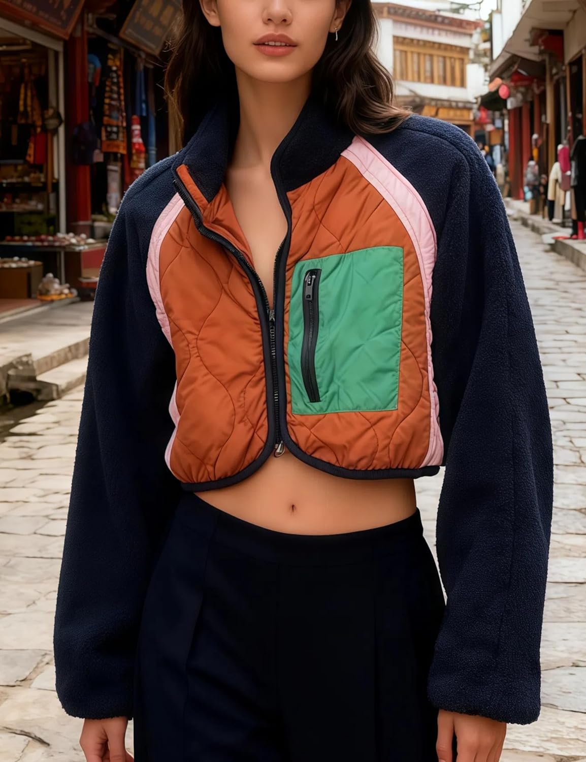 Womens Fuzzy Fleece Jacket Cropped Zip Up Long Sleeve Casual Outwear Warm Winter Patchwork Jackets - Image 2