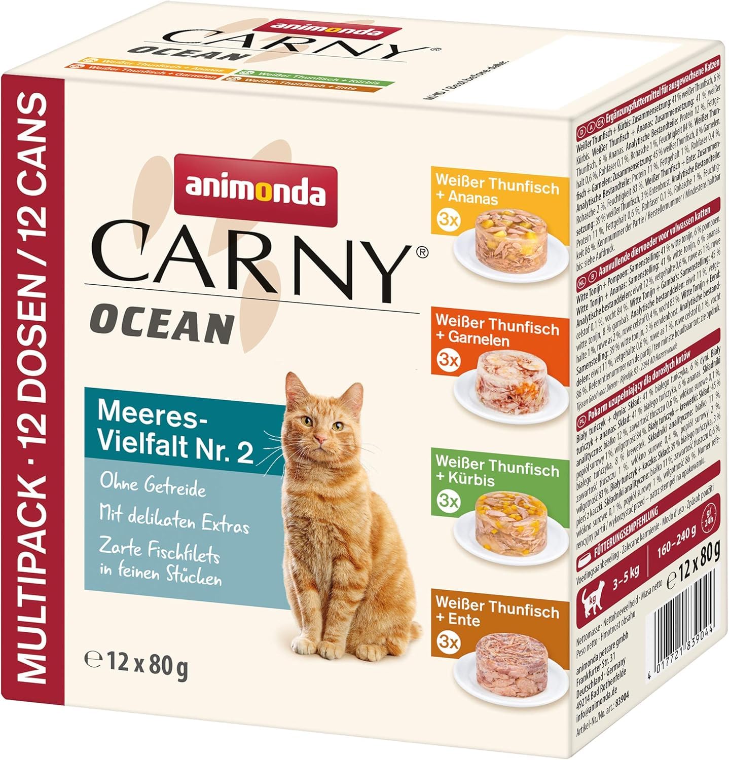 Carny Ocean - Nourriture Humide pour Chats Adultes - Variété Marine n° 2 (12 x 80 g) - Nourriture Humide pour Chats Adultes - avec Filet de Poisson délicat, sans céréales ni Sucre