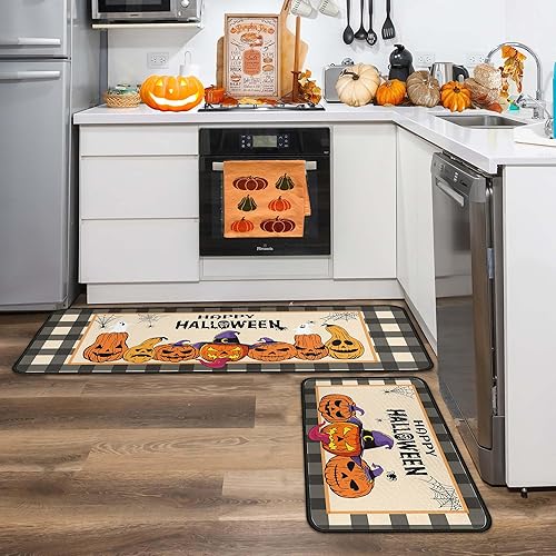 Miniatura 9 de Juego de 2 alfombras de cocina con calabaza de Halloween, lavables, antideslizantes, para decoración de cocina del hogar, fregadero, oficina,