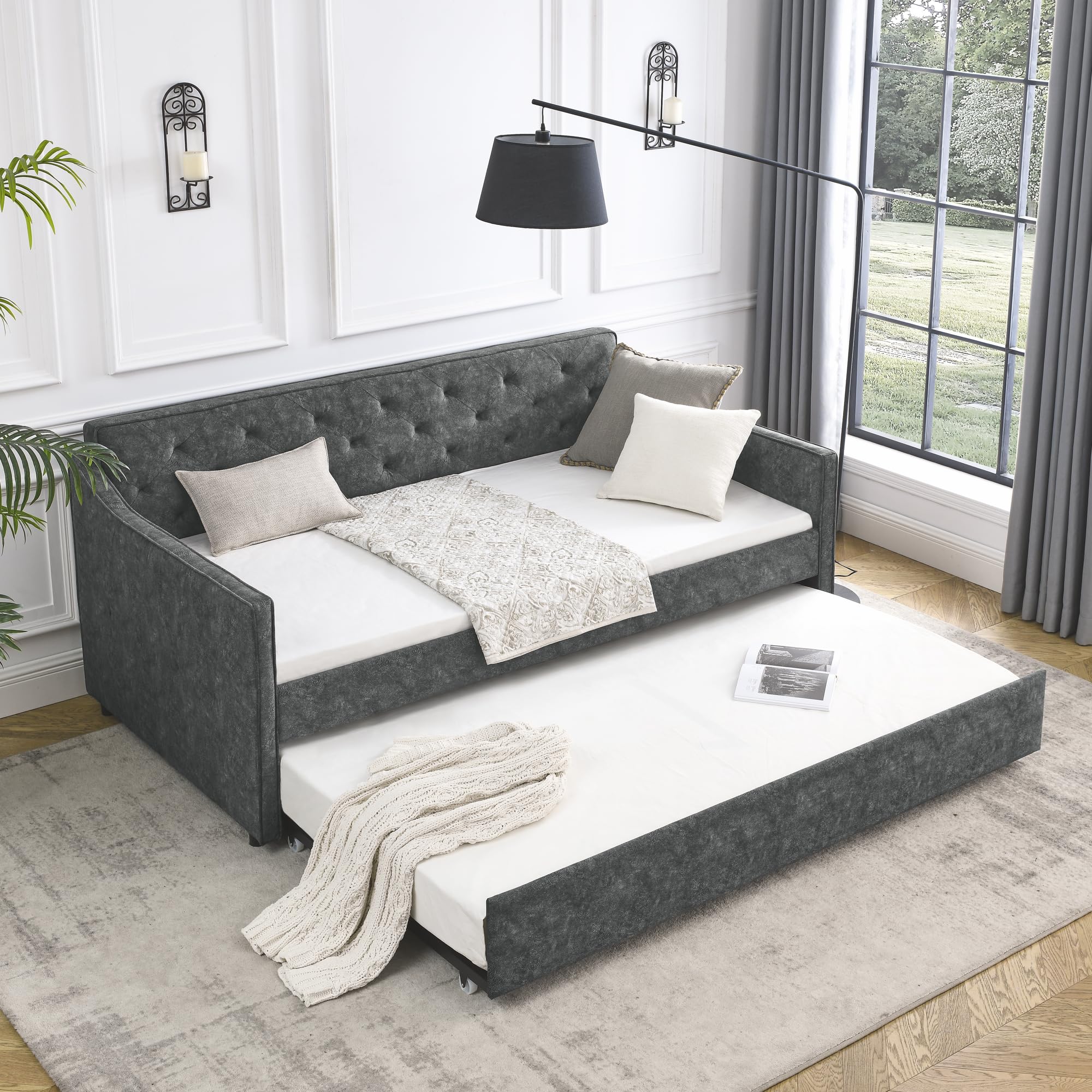 Amazon.com: JEEOHEY Upholstered Daybed with Trundle, Modern Pull Point ...