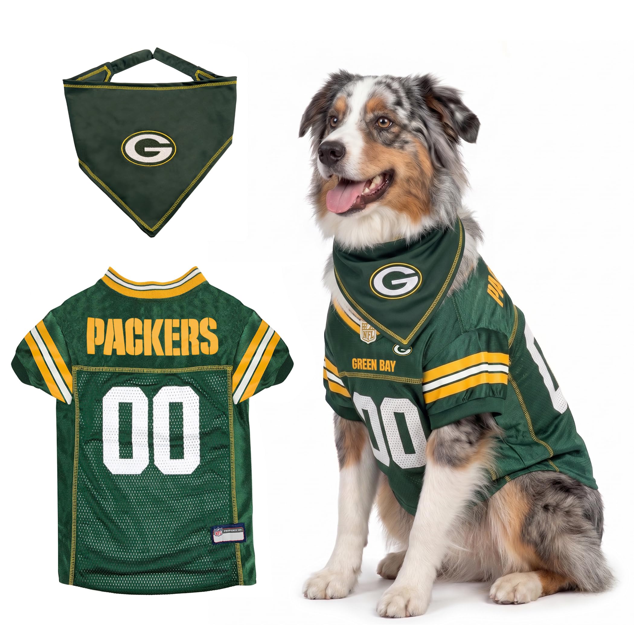 Pets First NFL Green Bay Packers Dog Jersey with Coordinated Tie Bandana Included, Size Medium Official NFL Pet Apparel, Breathable Mesh, Durable, Team Logo Design, Dog Sports T-Shirt
