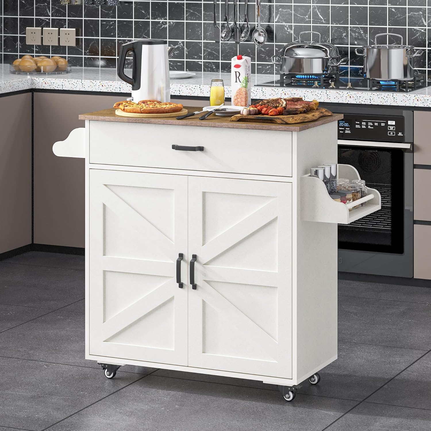 Wooden Kitchen Island on Wheels, Kitchen Storage Island with Spice Rack and Drawer, Rolling Kitchen Table with Towel Rack, Portable Islands on Wheels, for Home, Dining Room, 42" Wide White