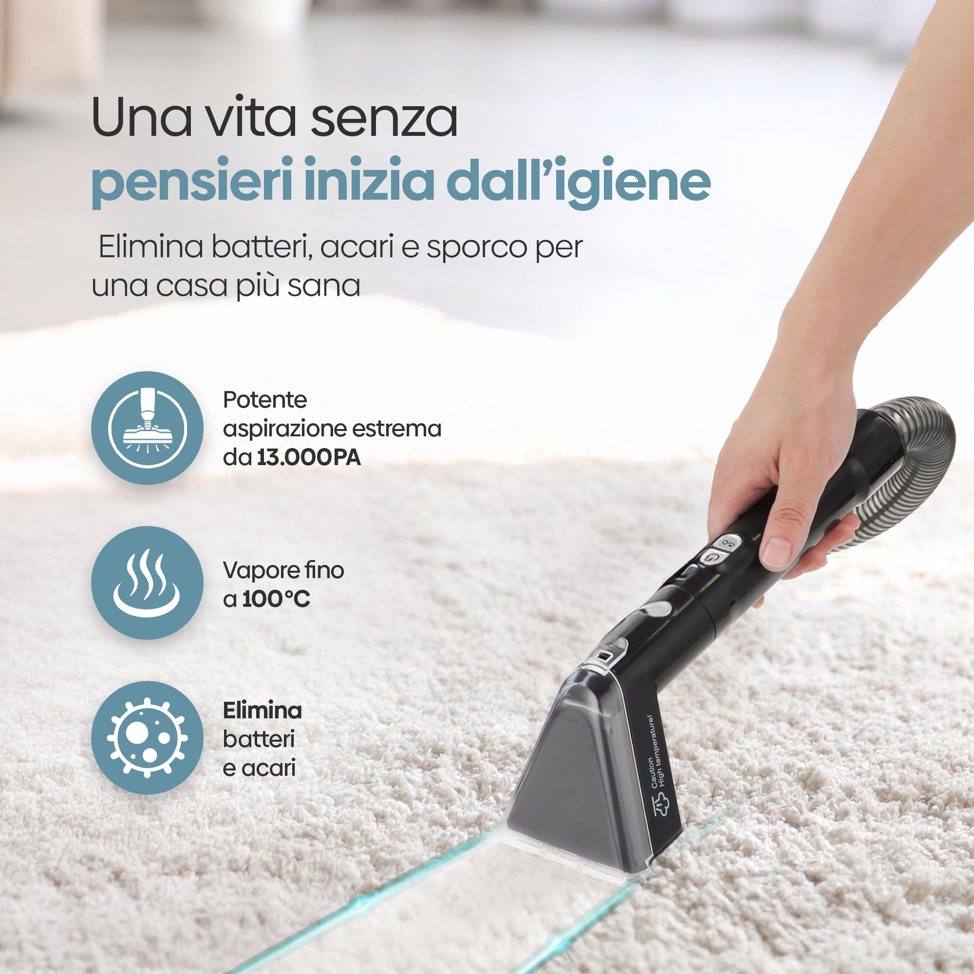 Olvy Pulitore per Tappeti PRO – Aspiratore a umido e pulitore a vapore per imbottiti – Pulitore a vapore a 100°C – Dispositivo per pulizia divani – Aspiratore per imbottiti a umido – 1650W