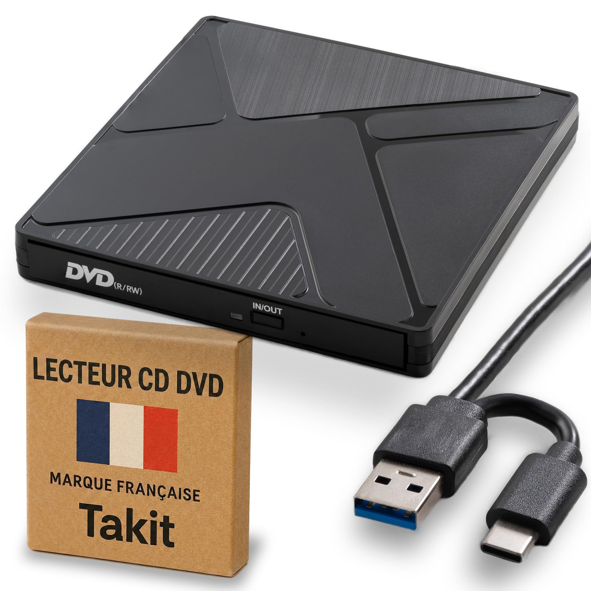 Takit Lecteur CD DVD Externe USB 3.0 & USB-C Graveur DVD Portable +/-RW Câble Intégré Compatible Windows Mac