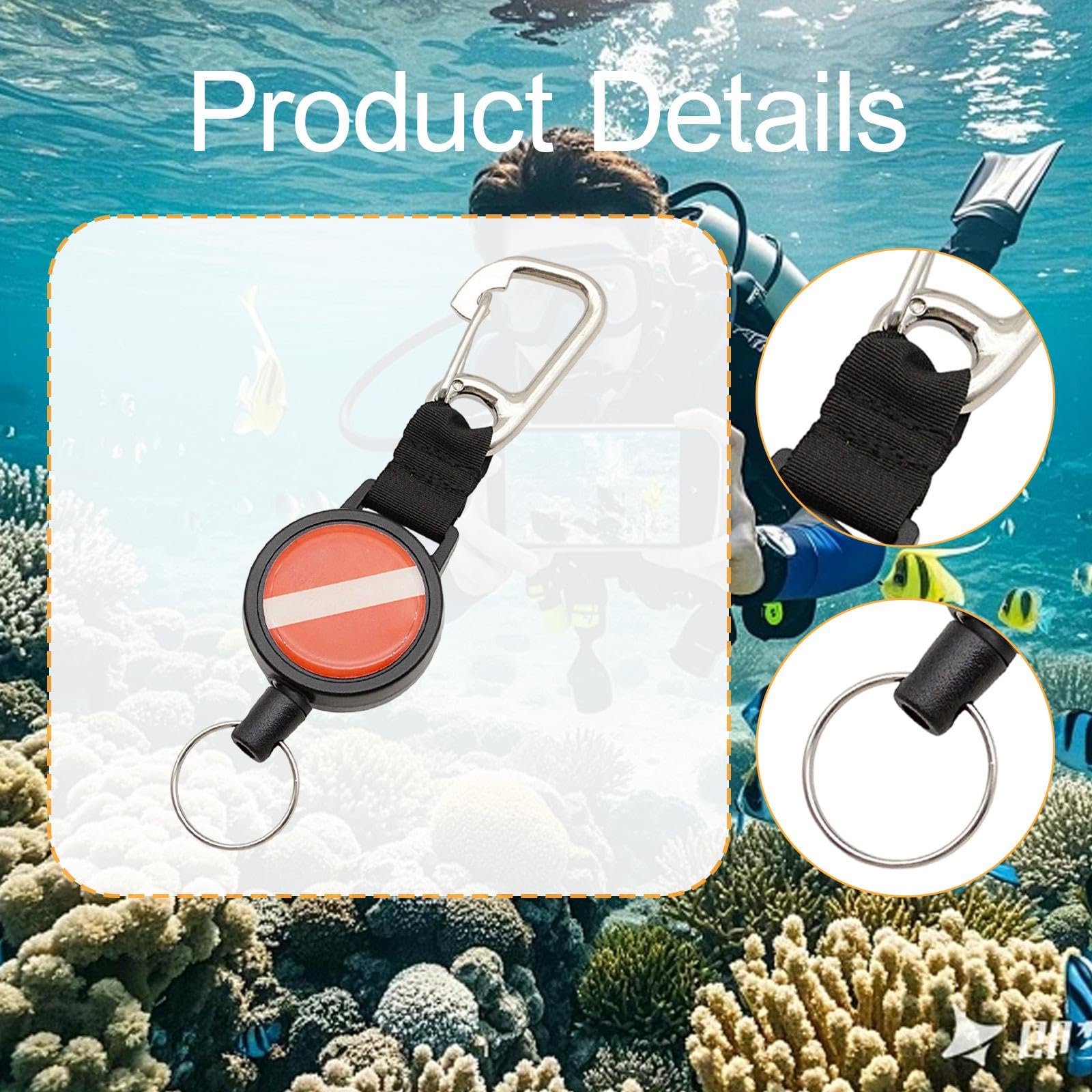 Rétracteur de Plongée sous-Marine Multifonctionnel | Enrouleur de Sécurité en Acier Inoxydable pour Équipement de Plongée, Extensible jusqu'à 79 Cm, avec Cordon Porte-clés