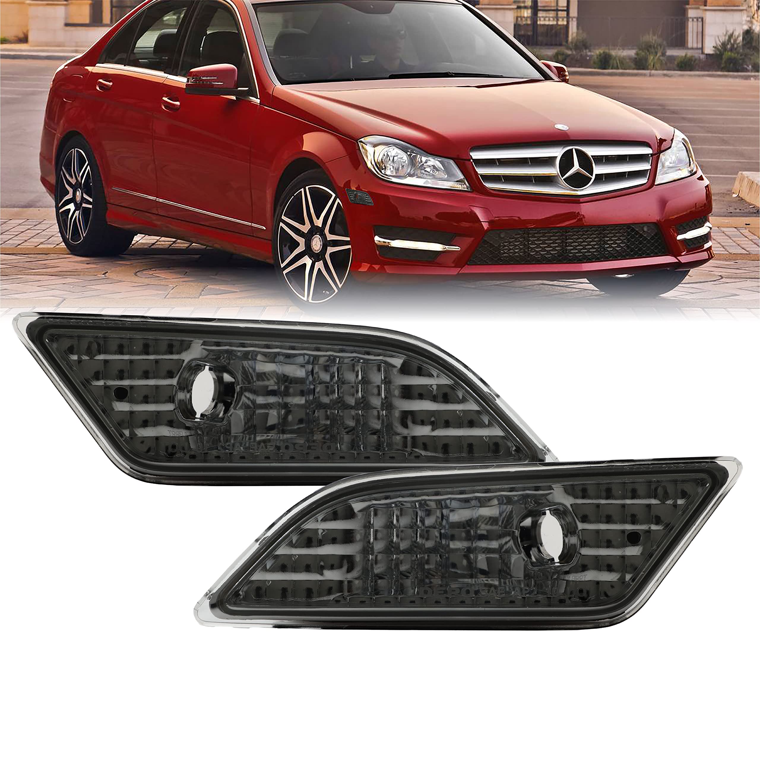 USR UNIQUE STYLE RACING DEPO 12-14 W204 Smoke Bumper Side Marker Light Assembly Set (Left + Right) Compatible for 2012-2014 Mercedes Benz W204