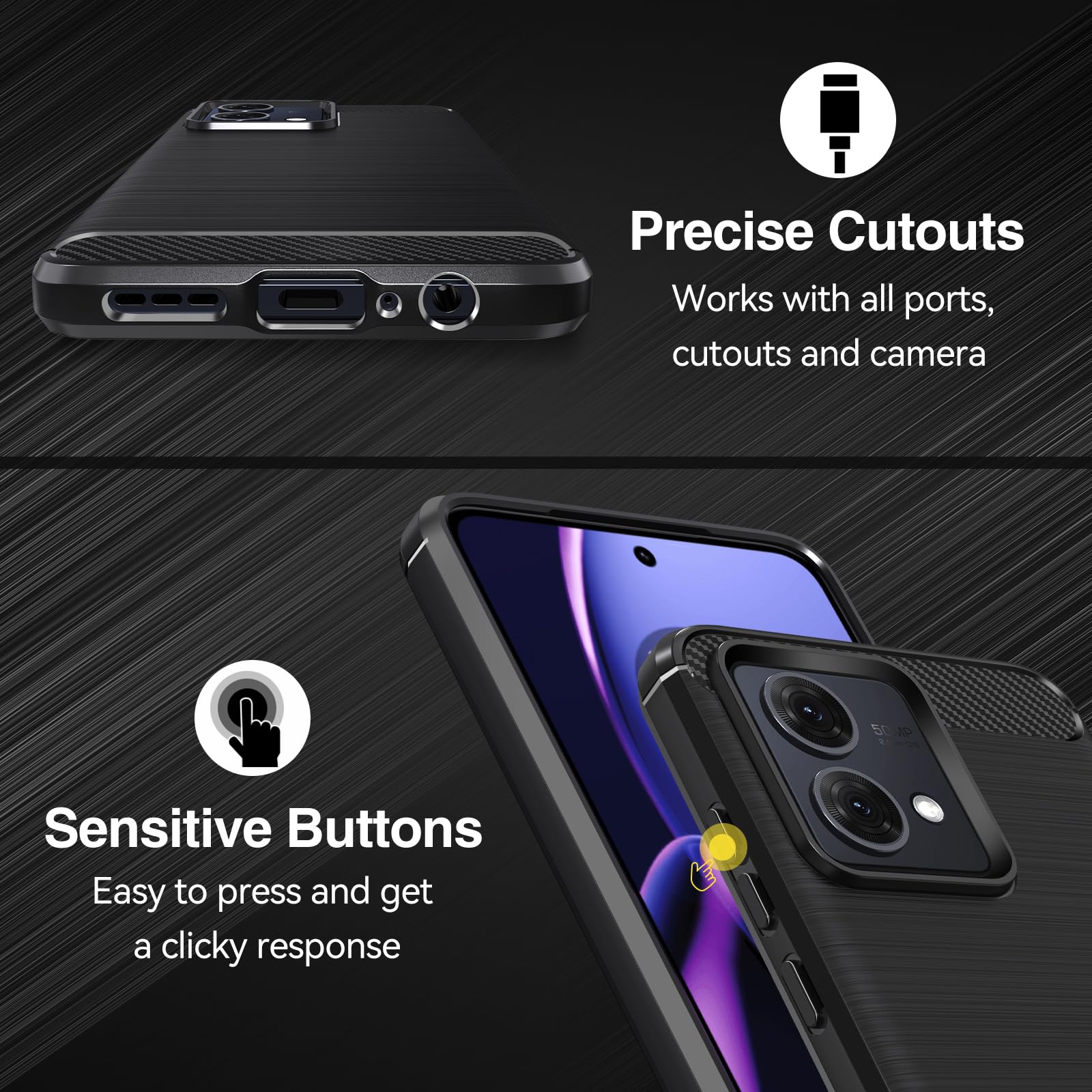 IVoler Cover Per Motorola Moto G72 + 2 Vetri Temperati – Custodia Antiurto Grado Militare TPU Con Fibra Di Carbonio – Nero