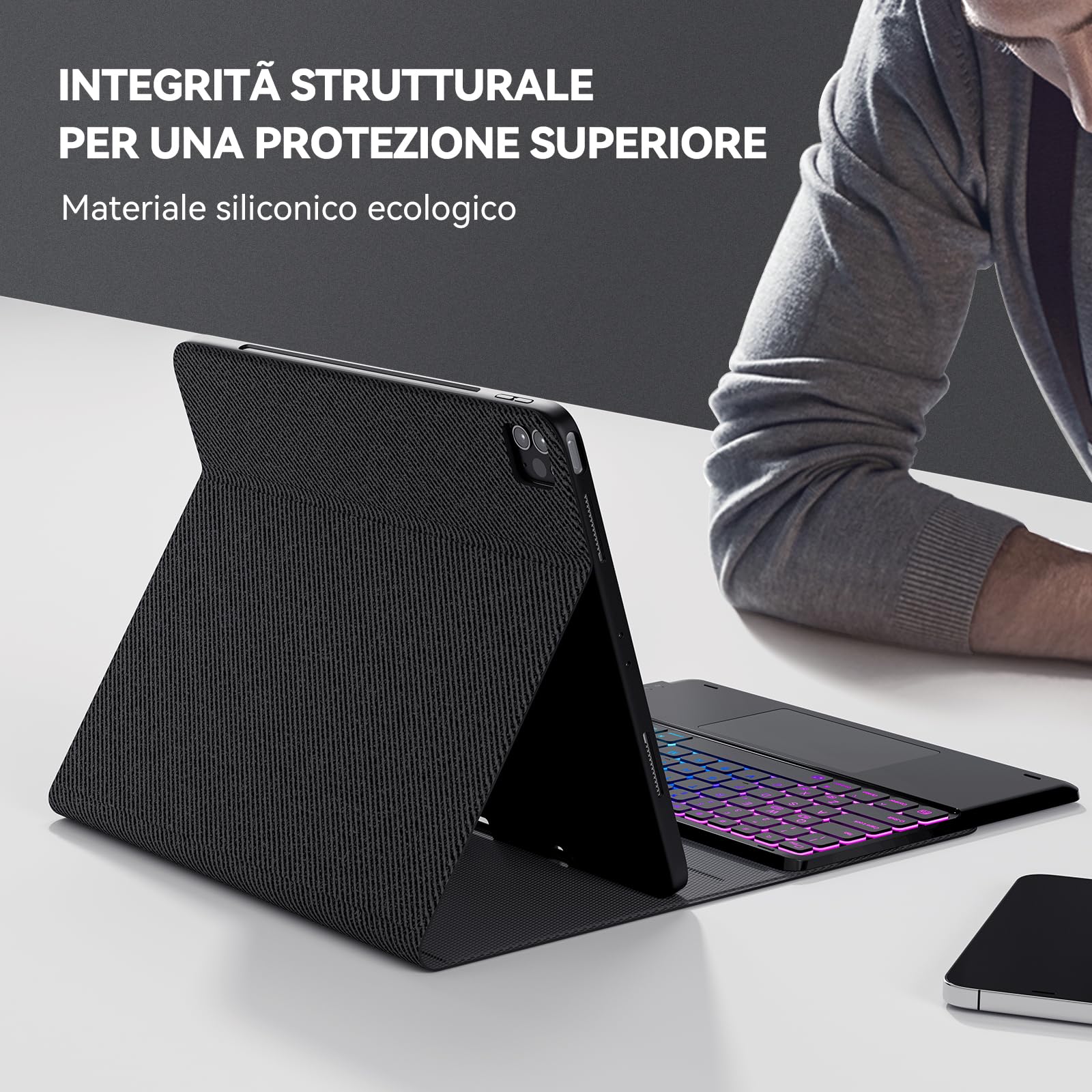 CHESONA Custodia con Tastiera iPad Air 13, 3 Zone 7 Colori Retroilluminate, Cover Tastiera per iPad Pro 12,9 con Trackpad, 2 Canali BT, Magnético Tastiera per iPad Pro 12,9 (6a/5a/4a/3a Gen), Nero