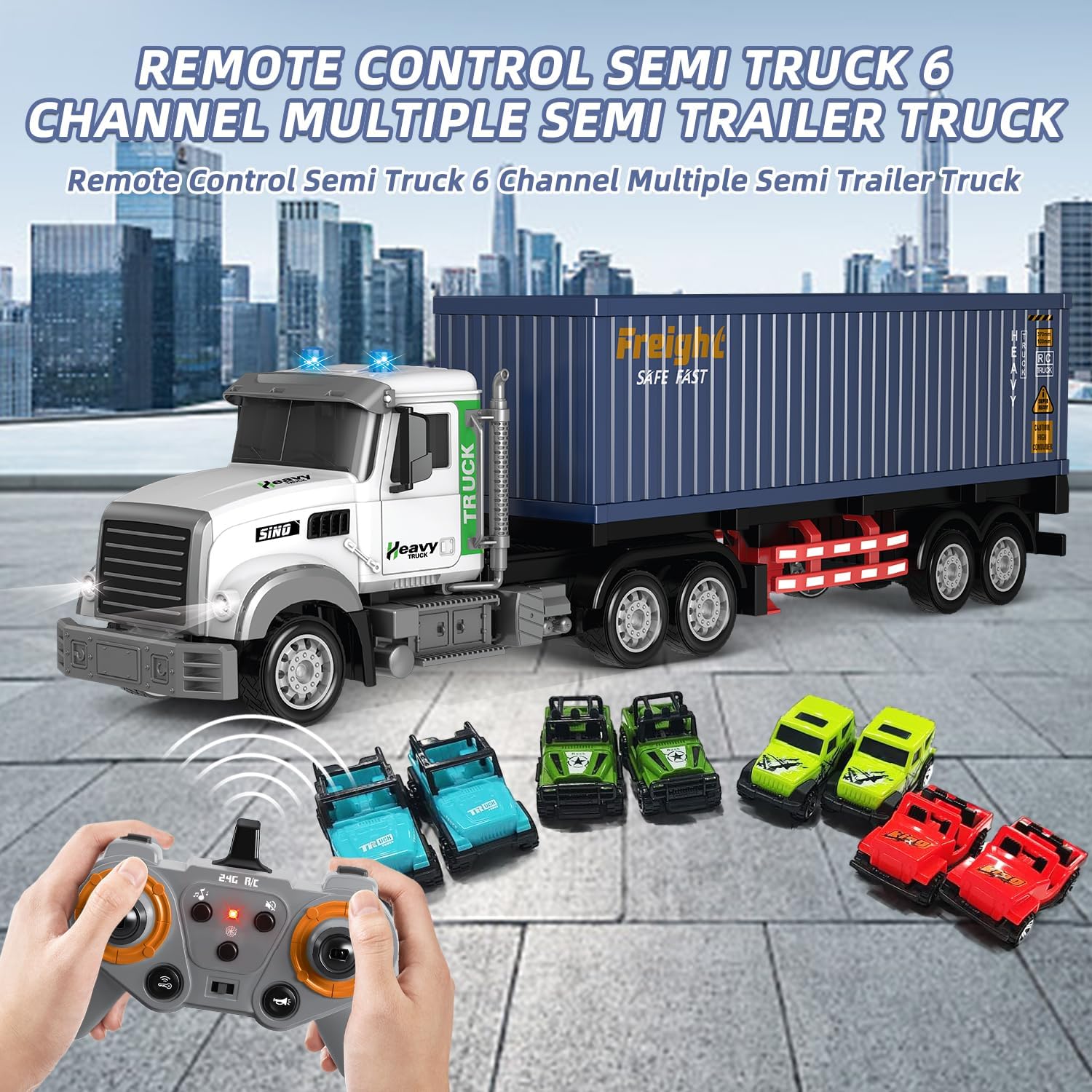 Mostop RC Semi Truck with Trailer - 23.6 Inch Large Remote Control Toy for Kids 3-8, 2 Rechargeable Batteries, 8 Mini Cars, LED Lights & Sound, 2.4GHz Semi-Trailer Truck Toys for Boys Girls