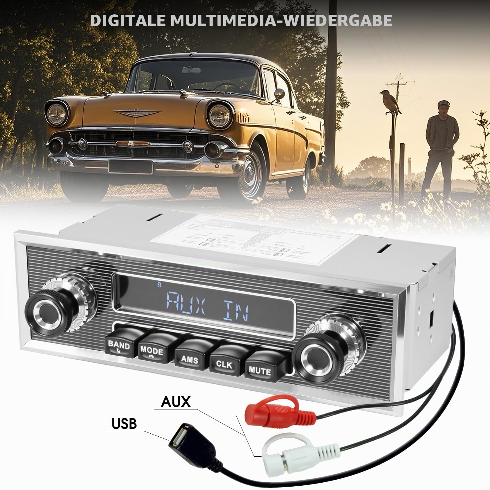 Bluetooth Retro Radio für Klassische Fahrzeuge: Single DIN Vintage Stereo fürs Auto – AM FM Tuner USB AUX Eingang Subwoofer RCA Ausgang