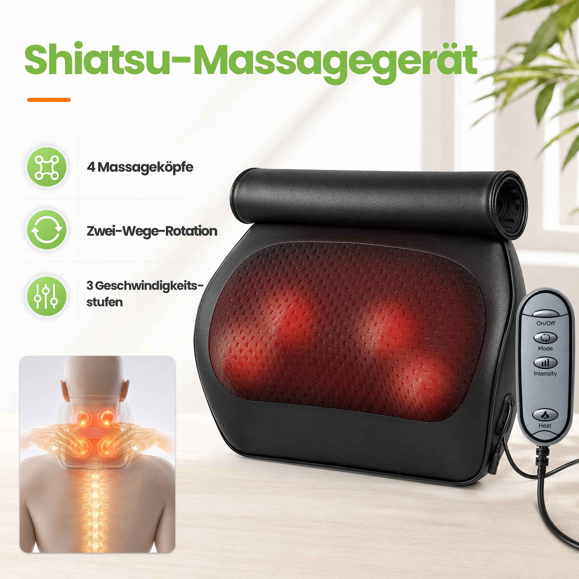 Real Relax Shiatsu Rückenmassagegerät mit Wärme,Nackenmassagekissen für Schultern,oberen & unteren Rücken,Beine,Waden,4 Rotationsknoten,Tragbar für Zuhause Büro Auto - Schwarz