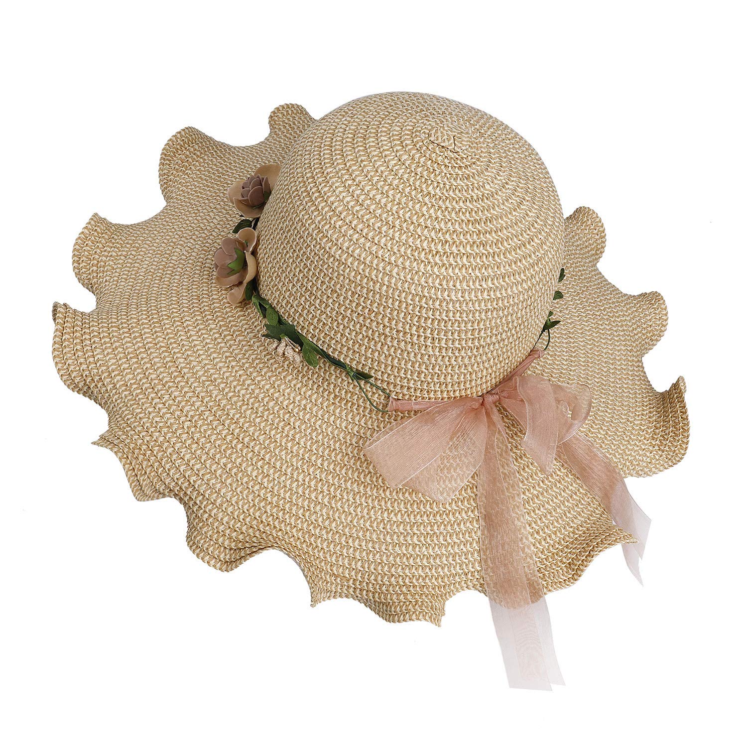 MaoXinTekSombrero de Paja para Mujer Plegable Bohemia Verano Sun Floppy Sombrero de la Playa con Flores del Borde Suave Transpirable Grande Ancho Cap para Viajes Vacaciones