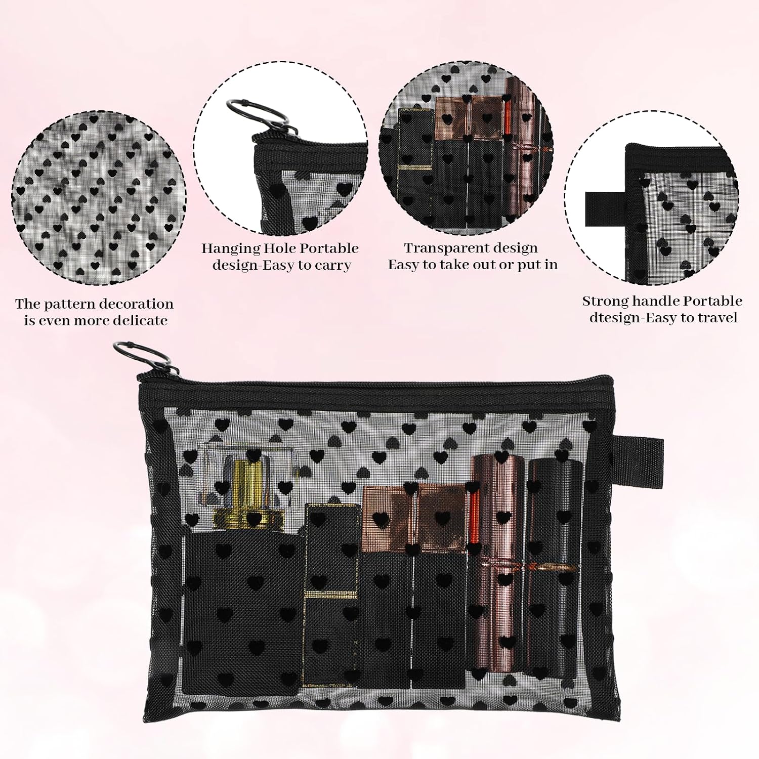 cobee 4PCS Heart Printed Mesh Makeup Bag, Cosmetic Bags Nylon (Black) image 4