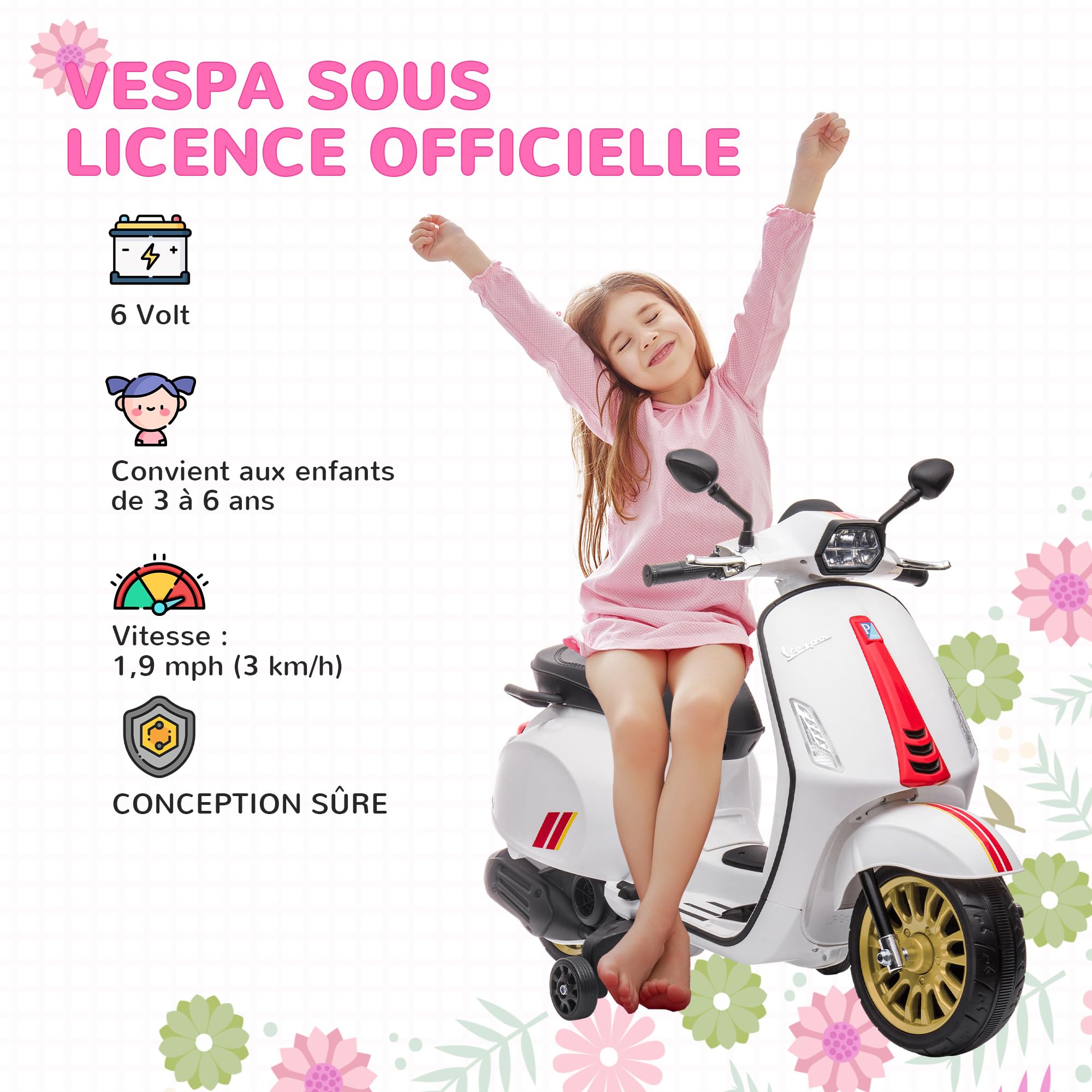 AIYAPLAY Skuter elektryczny dla dzieci Vespa 6 V elektryczny motocykl dla dzieci 3-6 lat muzyka MP3 port USB radio FM Reflektor 2 koła treningowe Maksymalne obciążenie. 35 kg - Słońce. 107L x 47l x