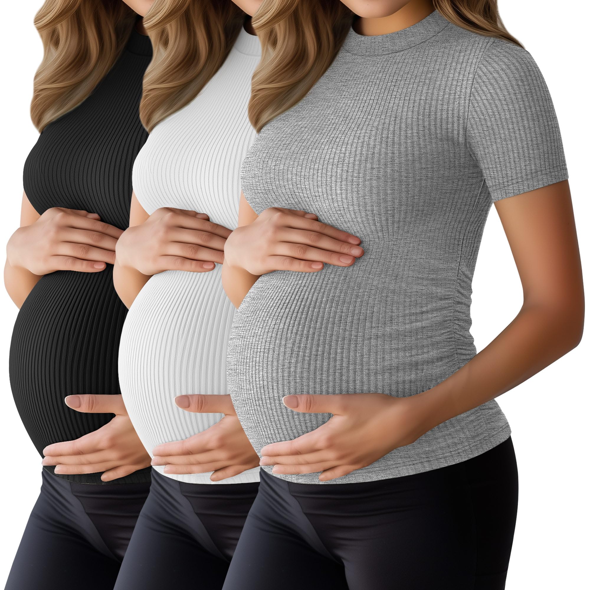 Ficerd 3 Pack 92% Cotton Ribbed Maternity T-Shirts for Women, Mock Turtleneck Side Ruched Slim Short Sleeve Pregnancy Tops