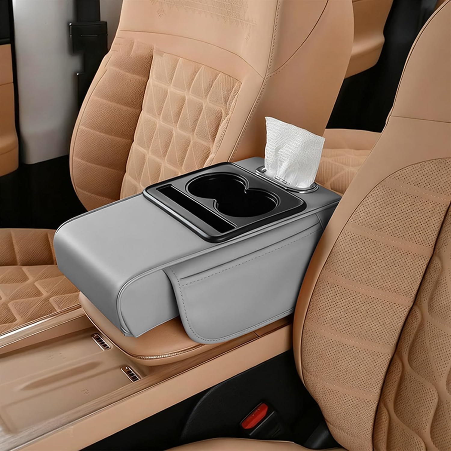 Car Armrest Storage Box,Car Accessories Console Organizers and Storage,Universal Waterproof Leather Console Cover with Cup Holder and Phone Holder,Suitable for Most Cars (Embroidered, Black)