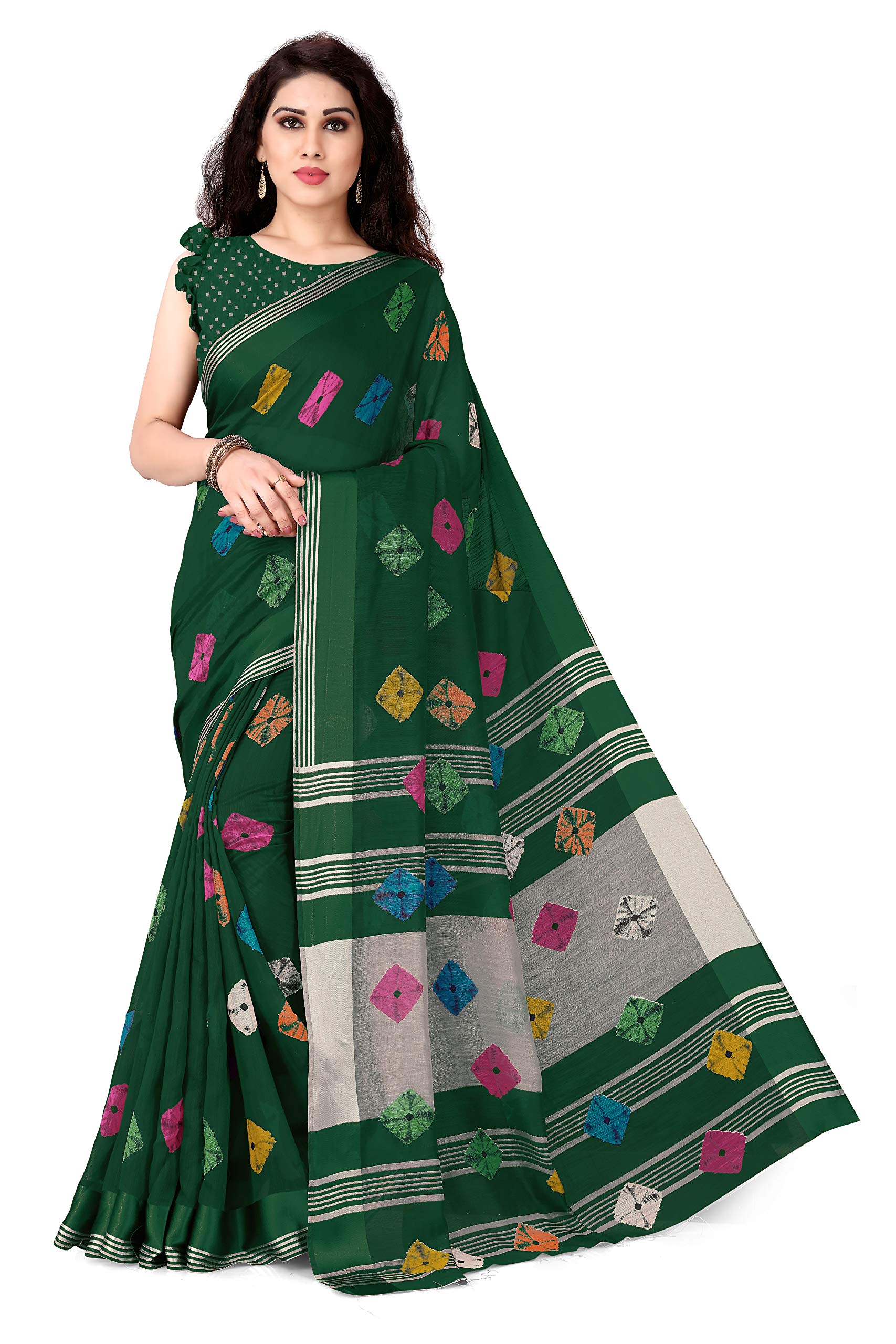 Mirchi FashionWomen's Cotton Bandhani Saree with Blouse Piece
