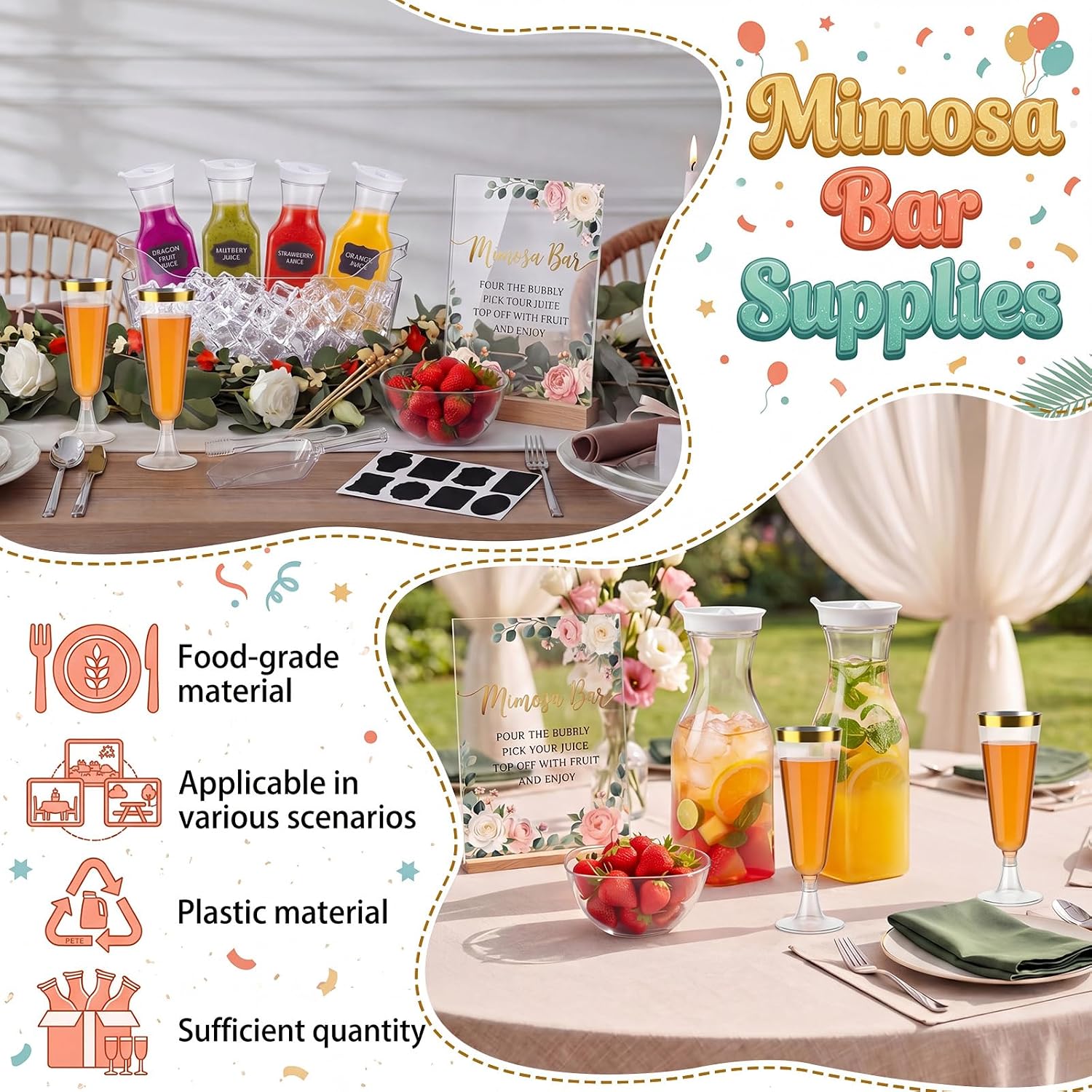 Hushee 67 Pcs Mimosa Bar Supplies 34 oz Plastic Carafe with Lids Ice Bucket Serving Bowls Tongs Stickers Bar Signs Cocktail Picks Flower Decorations for Summer Party Supplies