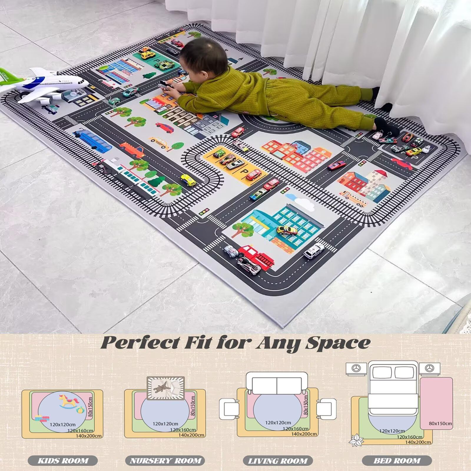 Mata do zabawy City Toy Activity Playmat Road, Mata do zabawy dla samochodzików i pociągów z widokiem na miasto, antypoślizgowy spód, różne rozmiary(Grey,62.9in*90.5in)