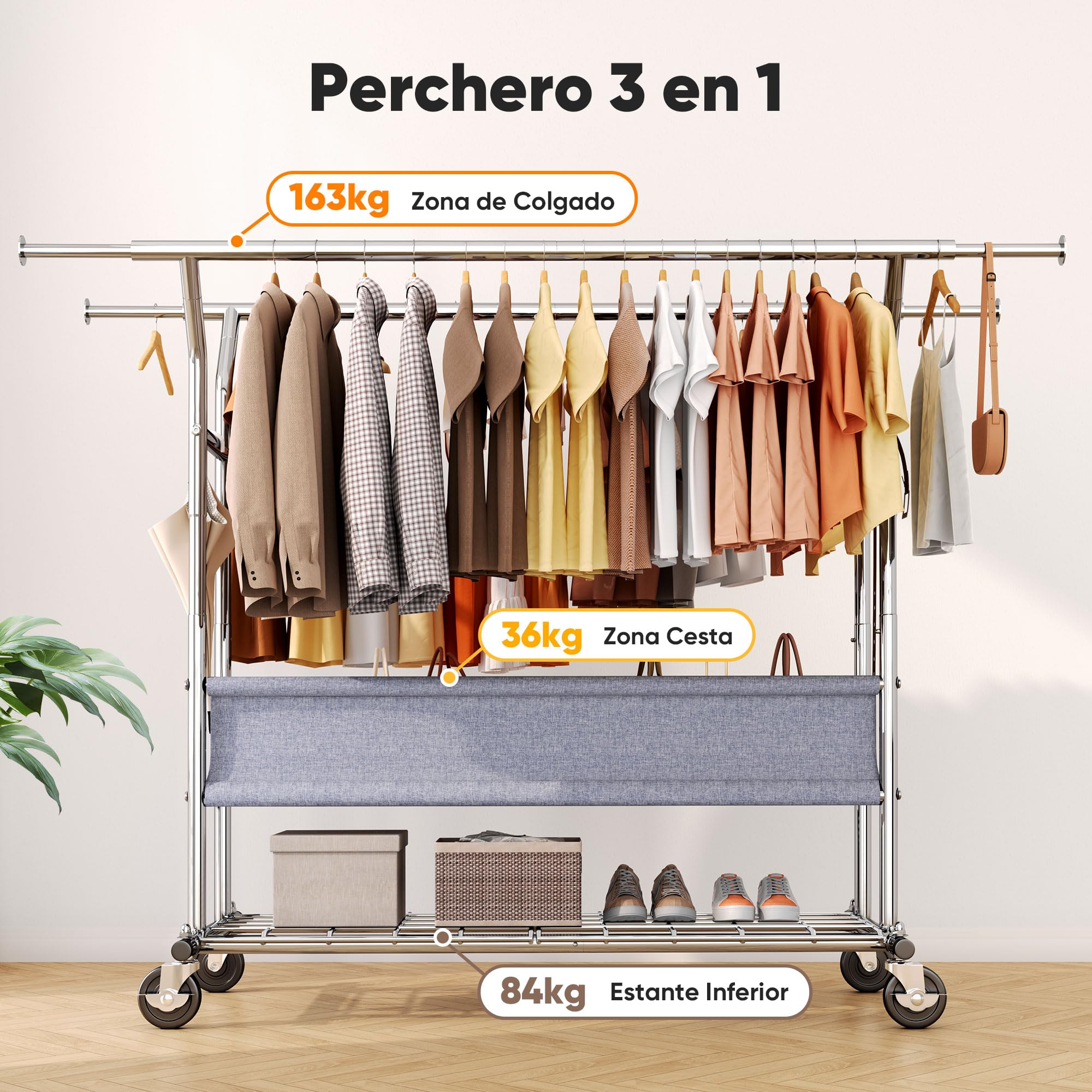HOKEEPER Burro de Ropa Resistente de Doble Barra con Ruedas, 283kg, con Cesta de Tela y Estante, Extensible - Ideal para Dormitorio, Boutique | Perchero de pared con 4 ruedas, 2 bloqueos, fácil de montar, duradero