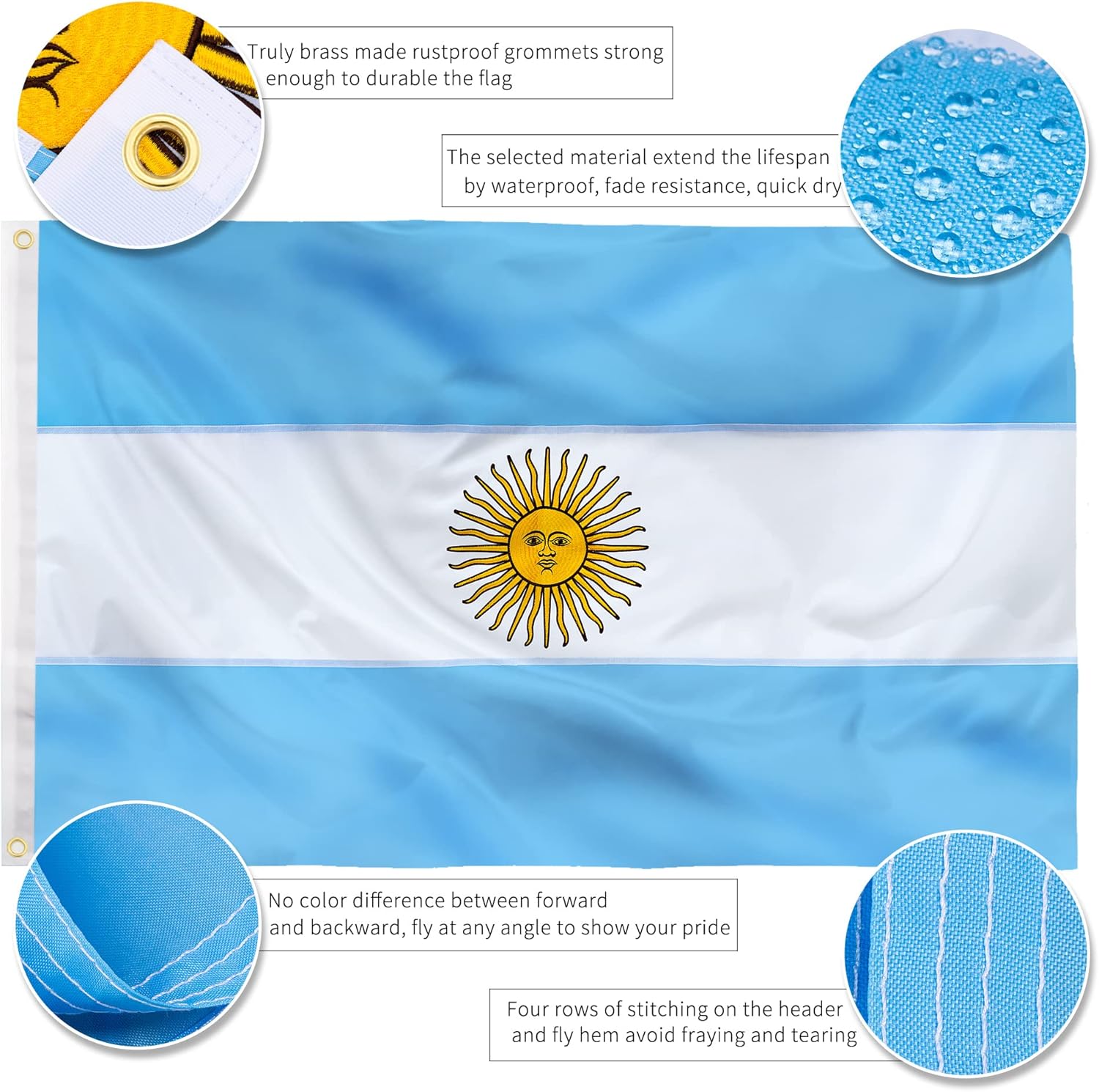 XIFAN Premium Argentina Flag 3x5 ft Outdoor, Large Double Sided Heavy Duty 210D Nylon Embroidered Argentinian Country Flag, Longest Lasting Decoration with Brass Grommets, Bandera de Argentina
