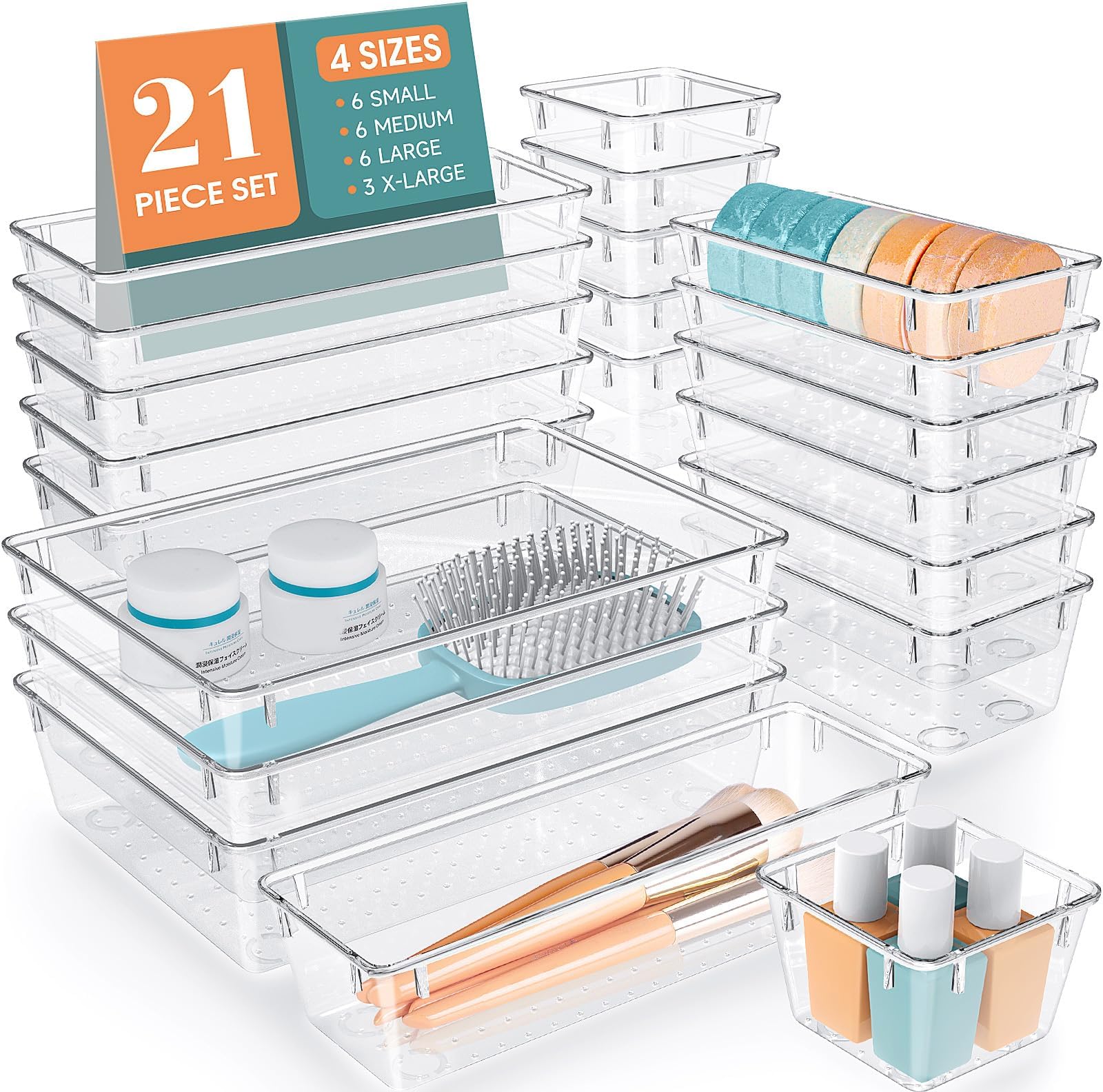 WOWBOX 21pcs Set Drawer Organizer Set, Multi Sizes Desk Drawer Divider Organizers and Storage Bins for Makeup, Jewelry, Gadgets for Kitchen, Bedroom, Bathroom, Office [ 21 pcs Set ]