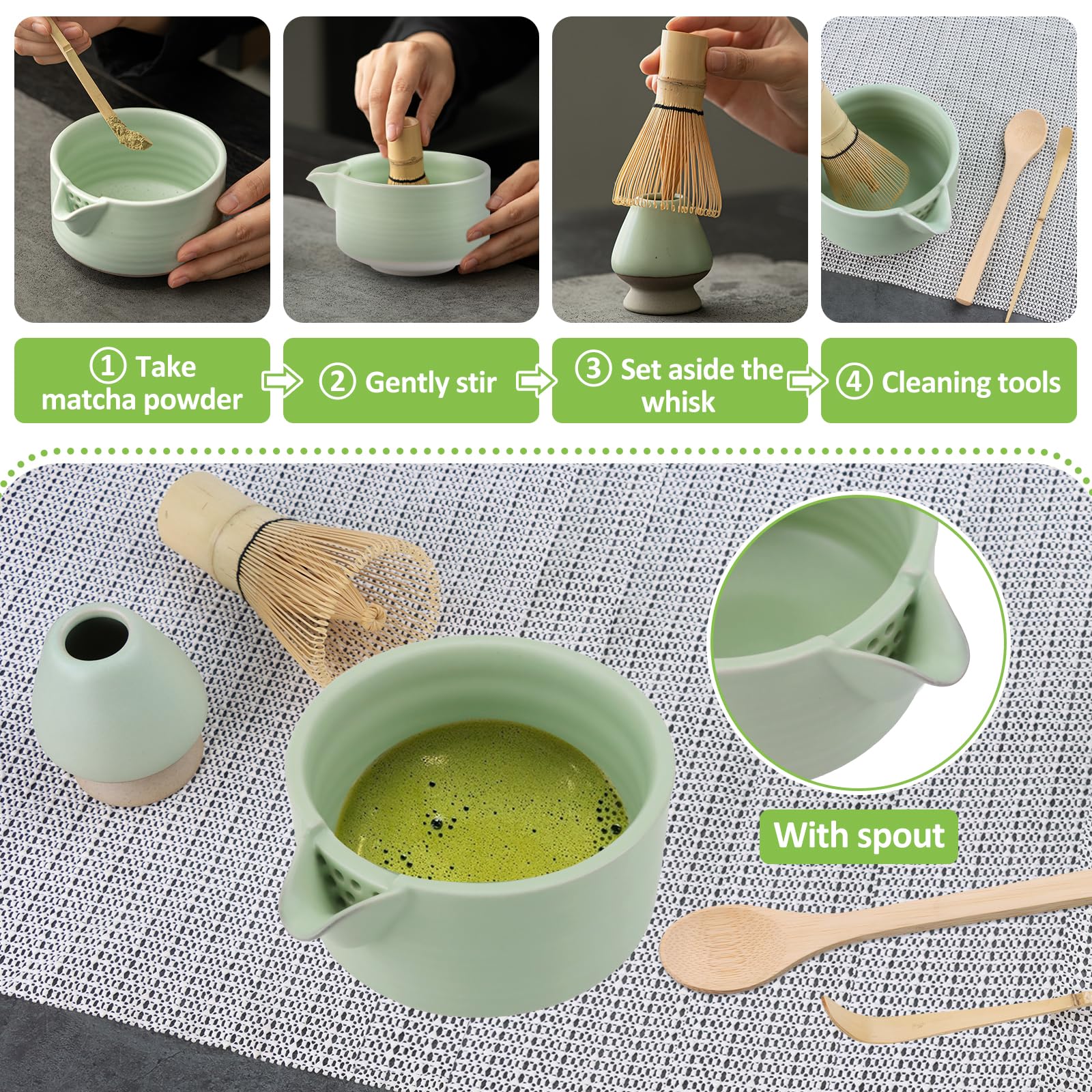 TAIHOBOMatcha zestaw z miotłą, 550 ml ceramiczna miska z dzióbkiem, uchwytem na miotłę i 2 łyżkami, do ceremonii parzenia herbaty, mieszania, do biura, herbaciarni