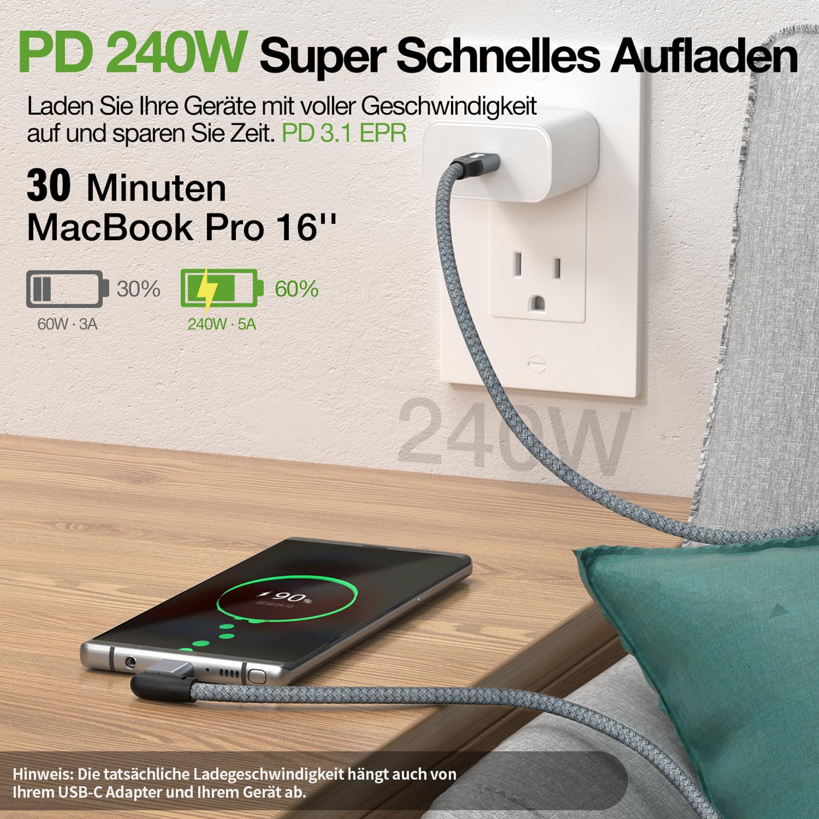 Cavo di ricarica a 90 gradi, da USB C 100 W, 5 20 Gbps, ad angolo retto, 3.2 Gen2 x 2 tipo con supporto uscita video 4 K 60 Hz, trasferimento dati per OTG e dispositivi 0,5