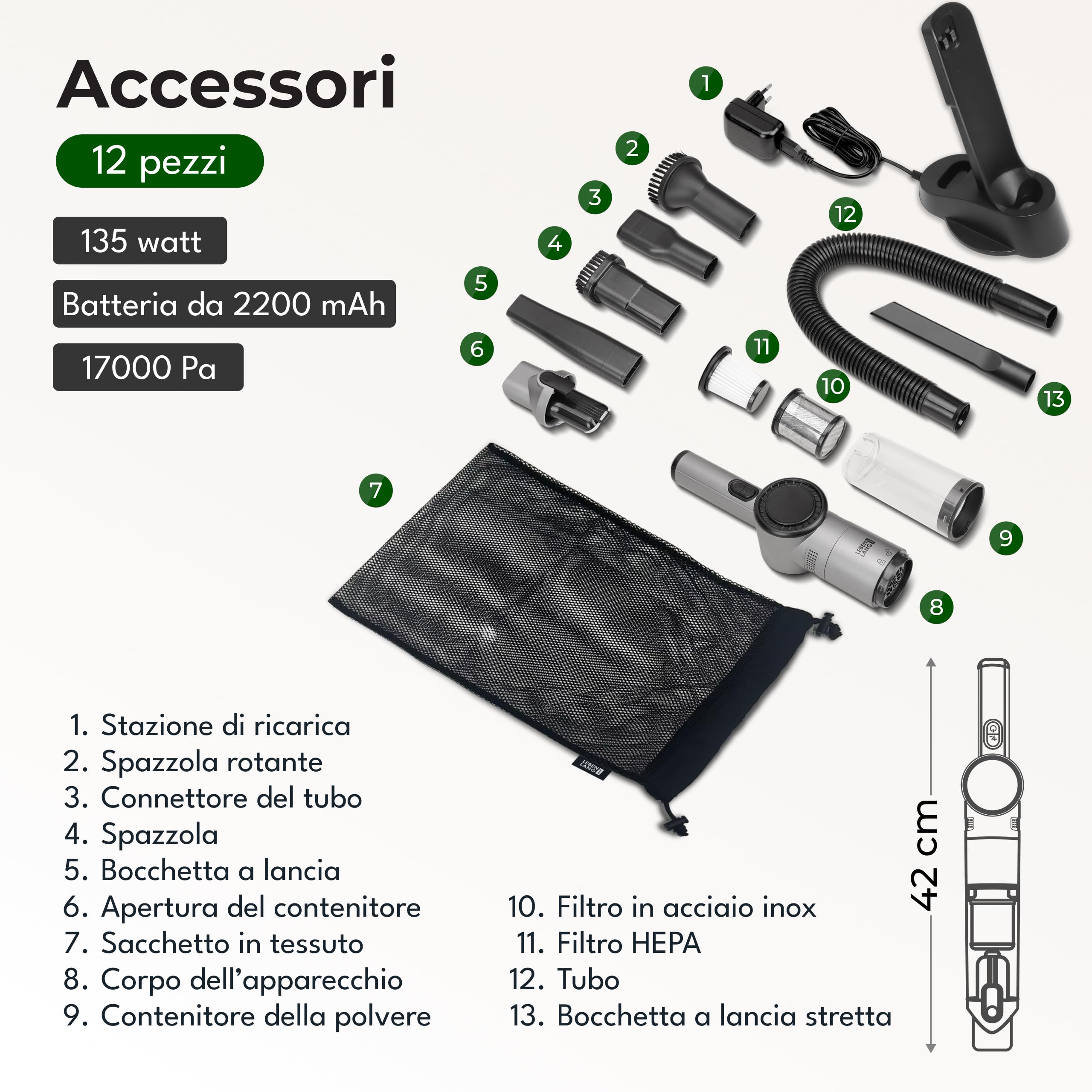 LEBENLANG Aspirabriciole Senza Fili Potente 17000PA - Incl. Supporto | Incl. Potente Batteria & Con Funzione Di Ricarica & HEPA Filtro I Aspirapolvere Auto Portatile Mini Aspira Briciole Elettrico