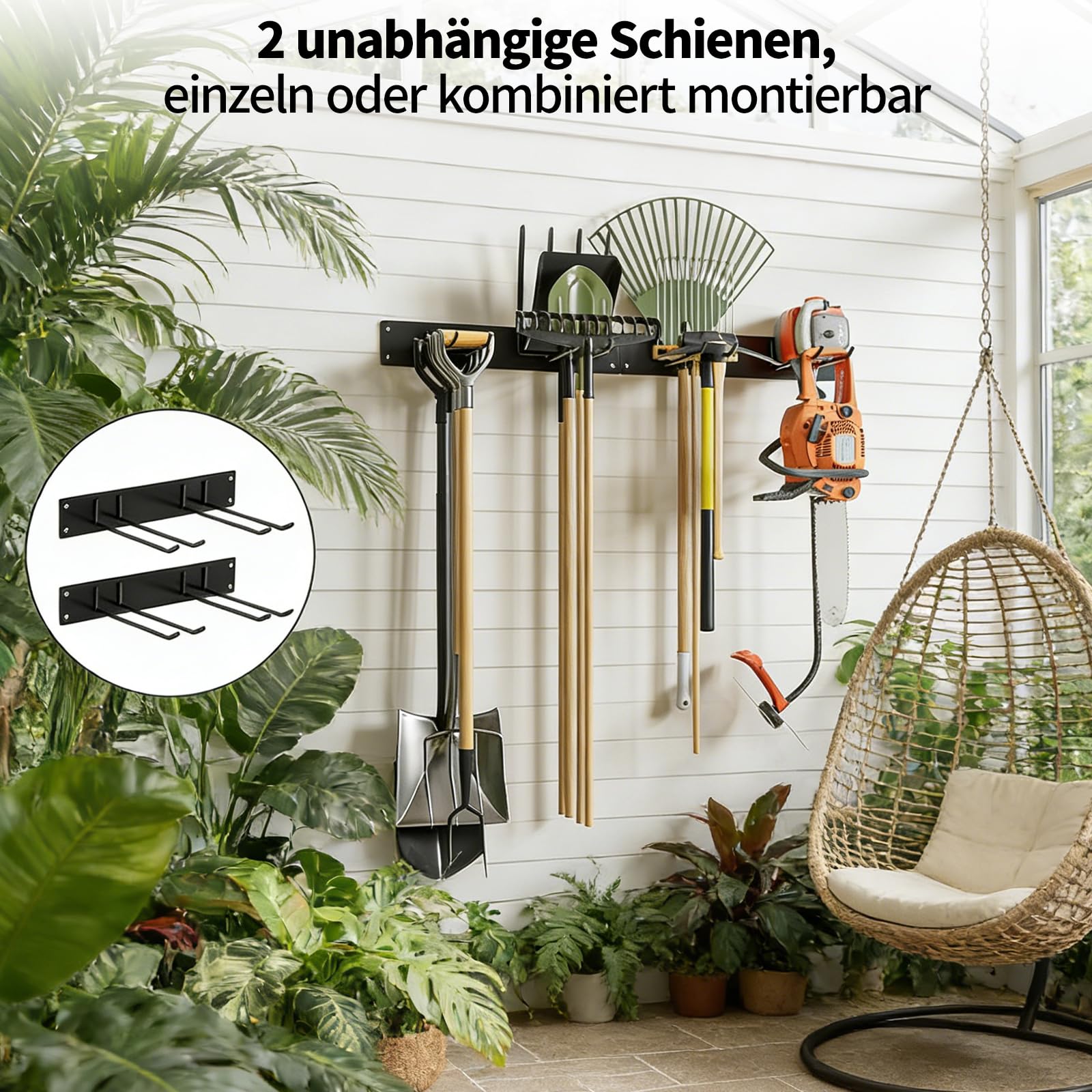 Gartengerätehalter Wandhalterung aus Metall, Werkzeughalter mit 4 Doppelhaken, stabil & belastbar, Besenhalter für Garten, Garage und Werkstatt, Schwarz