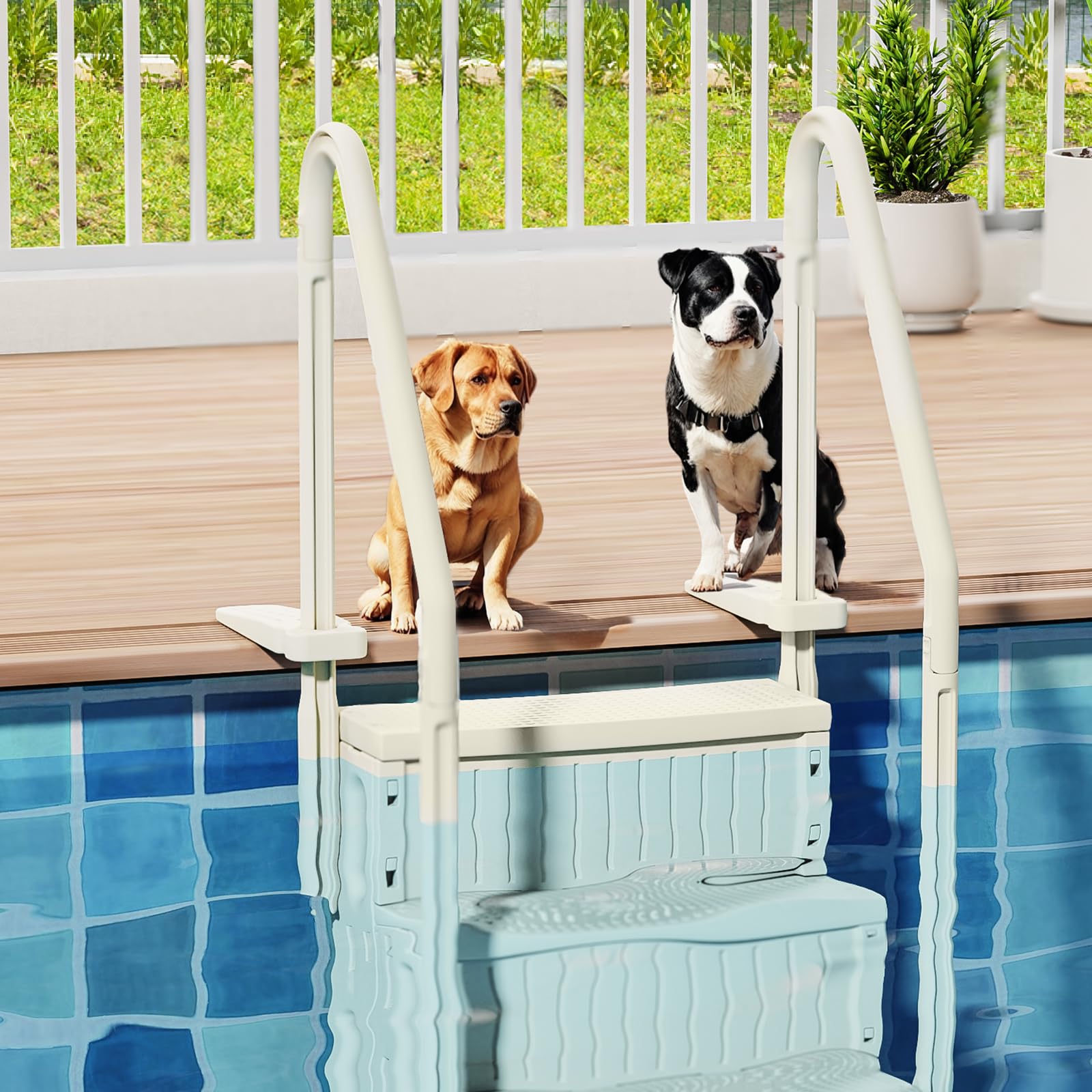 Bonnlo Poolleiter, Pooltreppe aus Kunststoff, mit rutschfesten Streifen und Handläufen, 4-stufig, bis 180 kg belastbar, für Oberirdische/Einbaupools, Weiß