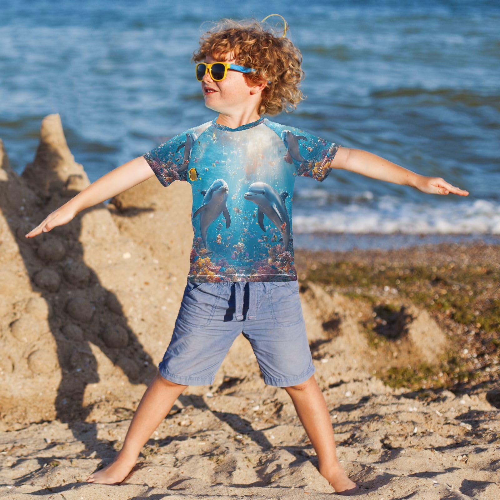 Toddler Boy Rash Guard Short Sleeve Swim Shirt Dolphin Print Rashguard 3T Beach Shirts Quick Dry,031