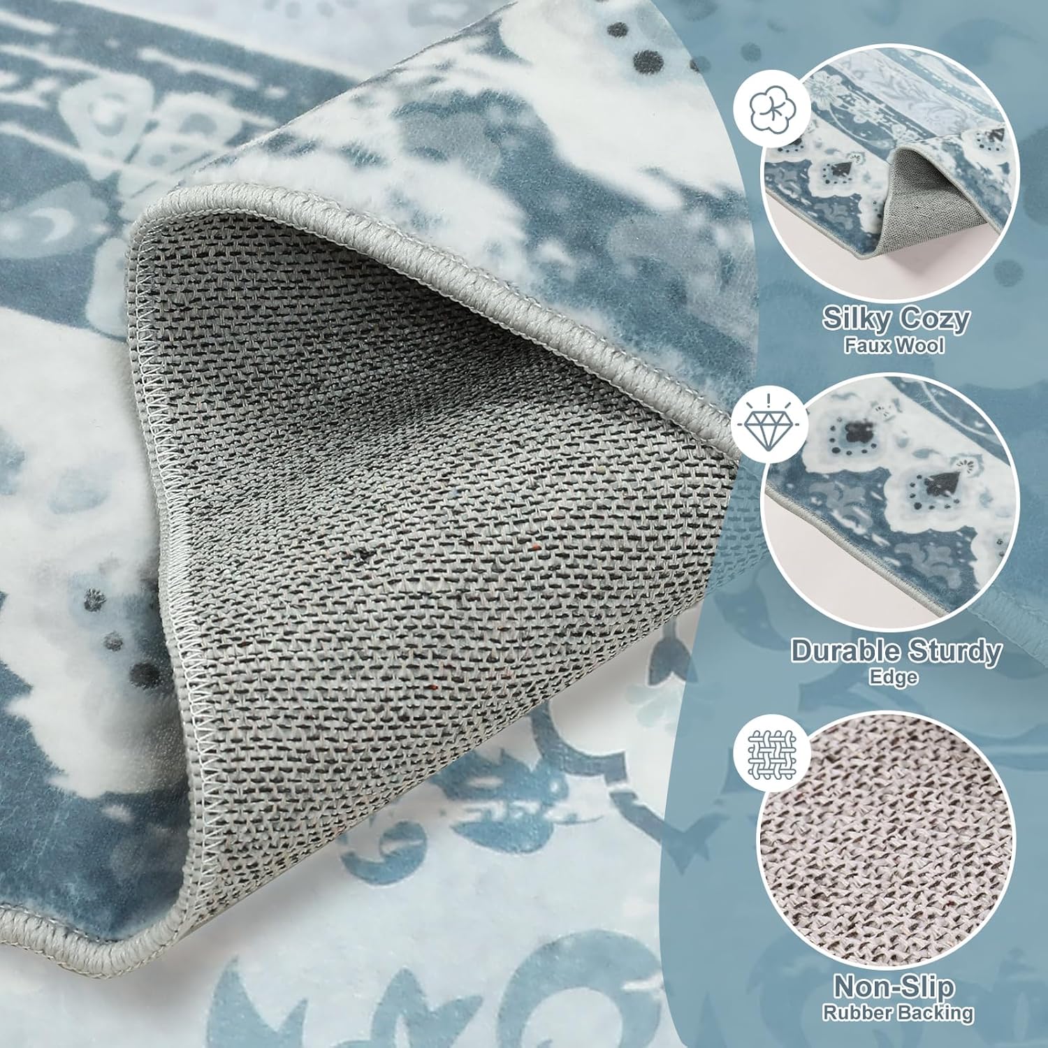 Vintage Area Rugs, Boho Style Washable Living Room Rug, Anti-Slip Backing Bedroom Carpet, Soft Low Pile Kitchen Mat Foldable Storage, 5x7', Cyan