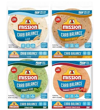 Mission Carb Balance Tortilla Variety Pack - Whole Wheat, Flour, Spinach Herb, and Tomato Basil - 4 Packs