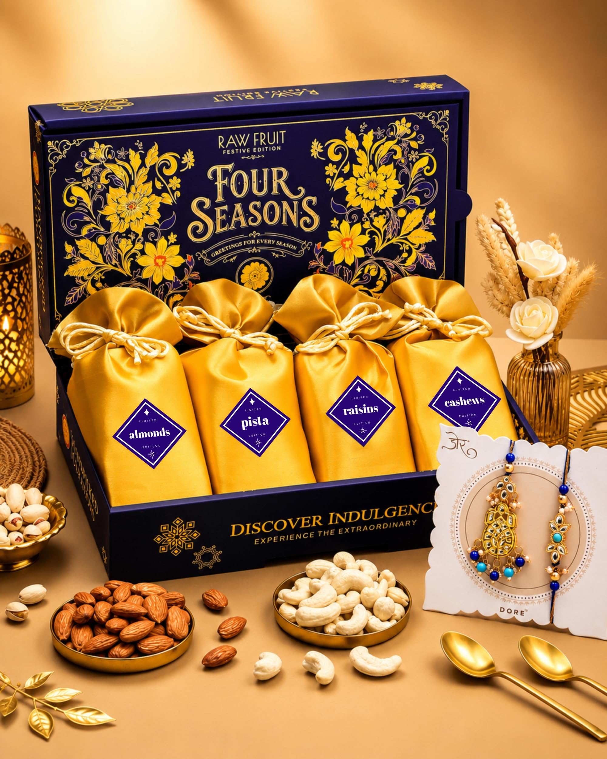 Hyperfoods® Rakhi Set for Brother and Bhabhi With Dry Fruits Rawfruit Four Seasons Collection 400g Rakhi Set For Brother and Bhabhi With Dryfruit Rakhi Gift Hamper for Brother and Bhabhi