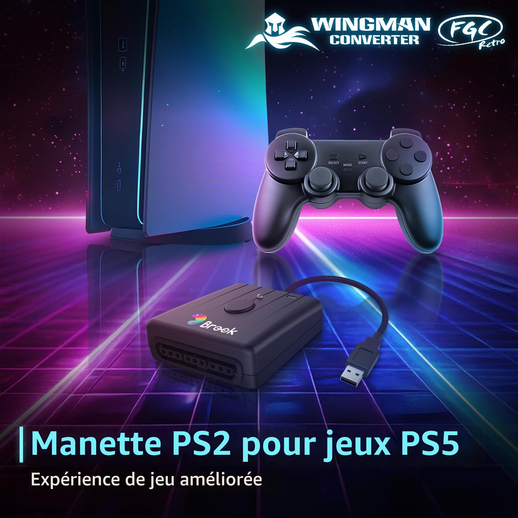 Brook FGC Retro - Manette PS1 & PS2 pour PS5, PS4, PC - Turbo, Remap, Macro - X-Input - Compatible avec Tapis de Danse, bâtons d'arcade, manettes de Jeu Rythmique