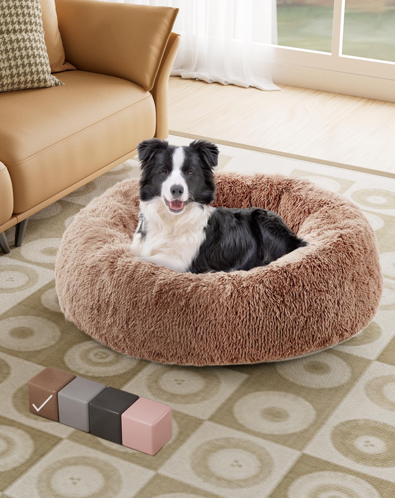 Calming Donut Dog & Cat Bed, Machine Washable Waterproof Plush Zipper Cover, Anti-Slip Round Cuddle Comfort Pet Bed, Cozy Fluffy Faux Fur Bed for Medium Large Dogs, Ocher, 30 inches