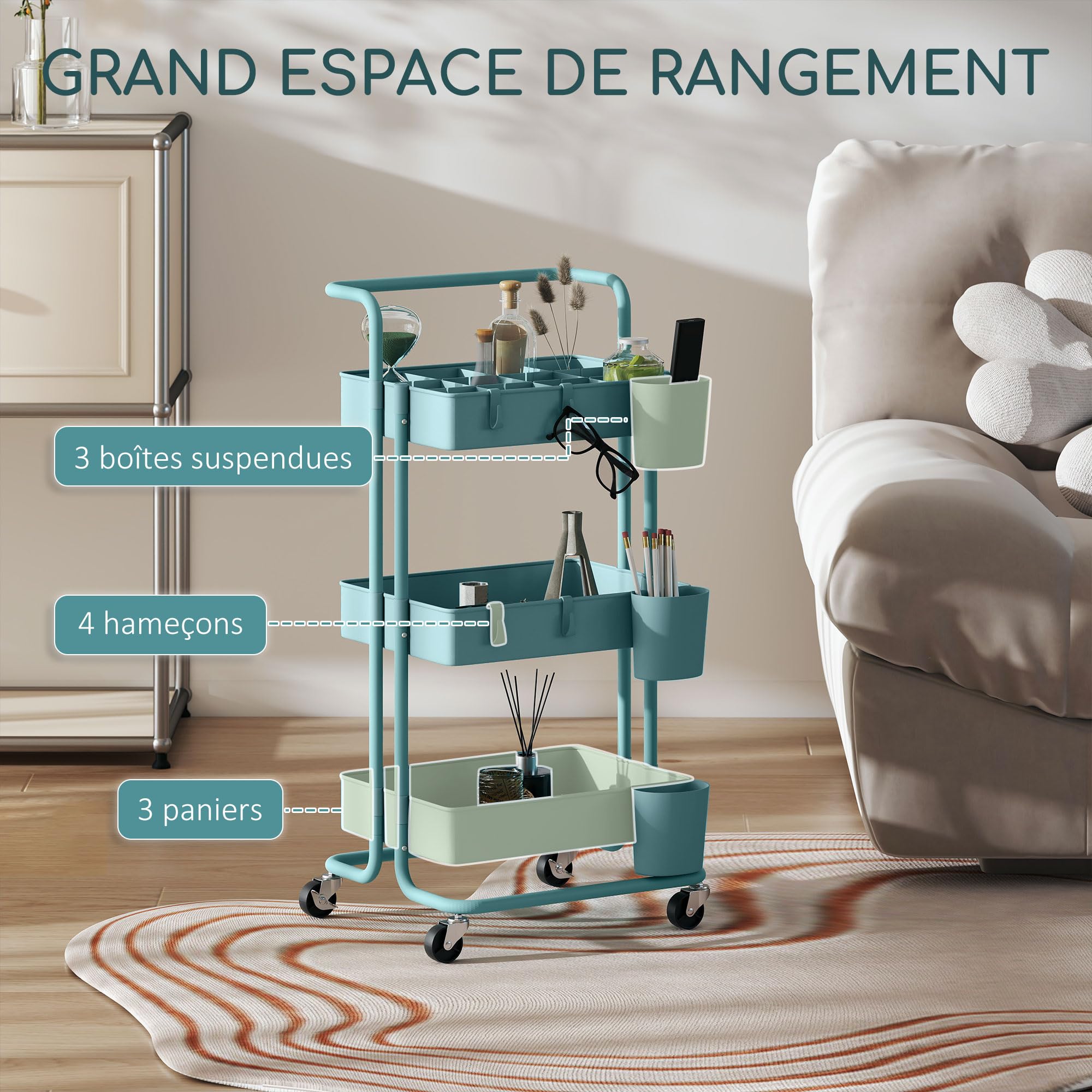 HOMCOM Chariot à 3 Niveaux desserte étagère de Rangement à roulettes avec 4 Crochets et 3 boites suspendues Amovibles pour Salle de Bain, Cuisine, Bureau 42 x 38 x 86,5 cm - Bleu-Vert