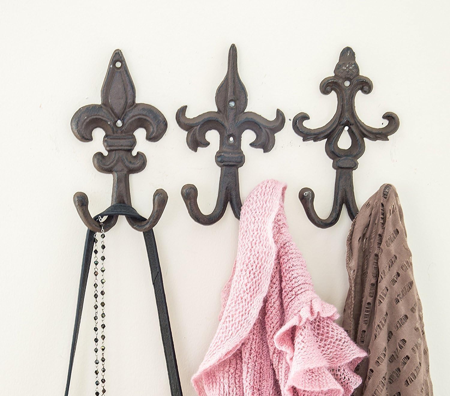 Comfify Set of 3 - Cast Iron Fleur De Lis Double Wall Hooks/Hangers - Decorative Wall Mounted Coat Hook - Rustic Cast Iron - with Screws and Anchors CA-1504-30-BR