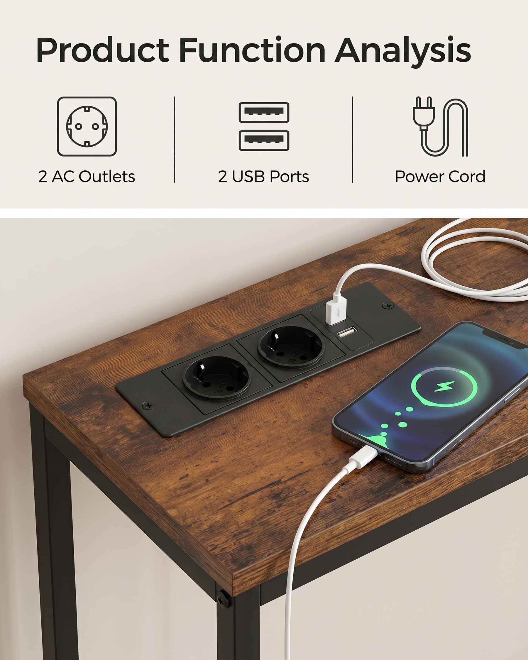 Consolle Ingresso, Tavolino da Divano, Mobili Ingresso Moderno con 2 prese e 2 porte USB(160 x 20 x 80.5 cm)