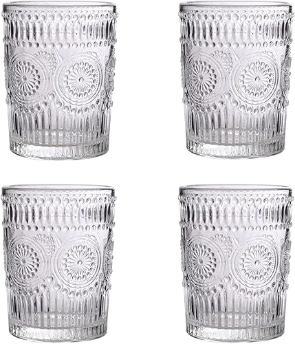 Amzcku - Juego de 4 vasos de vidrio vintage para beber, 10 oz - Para cócteles, bebidas mixtas, whisky, bebidas, agua, leche y jugo..