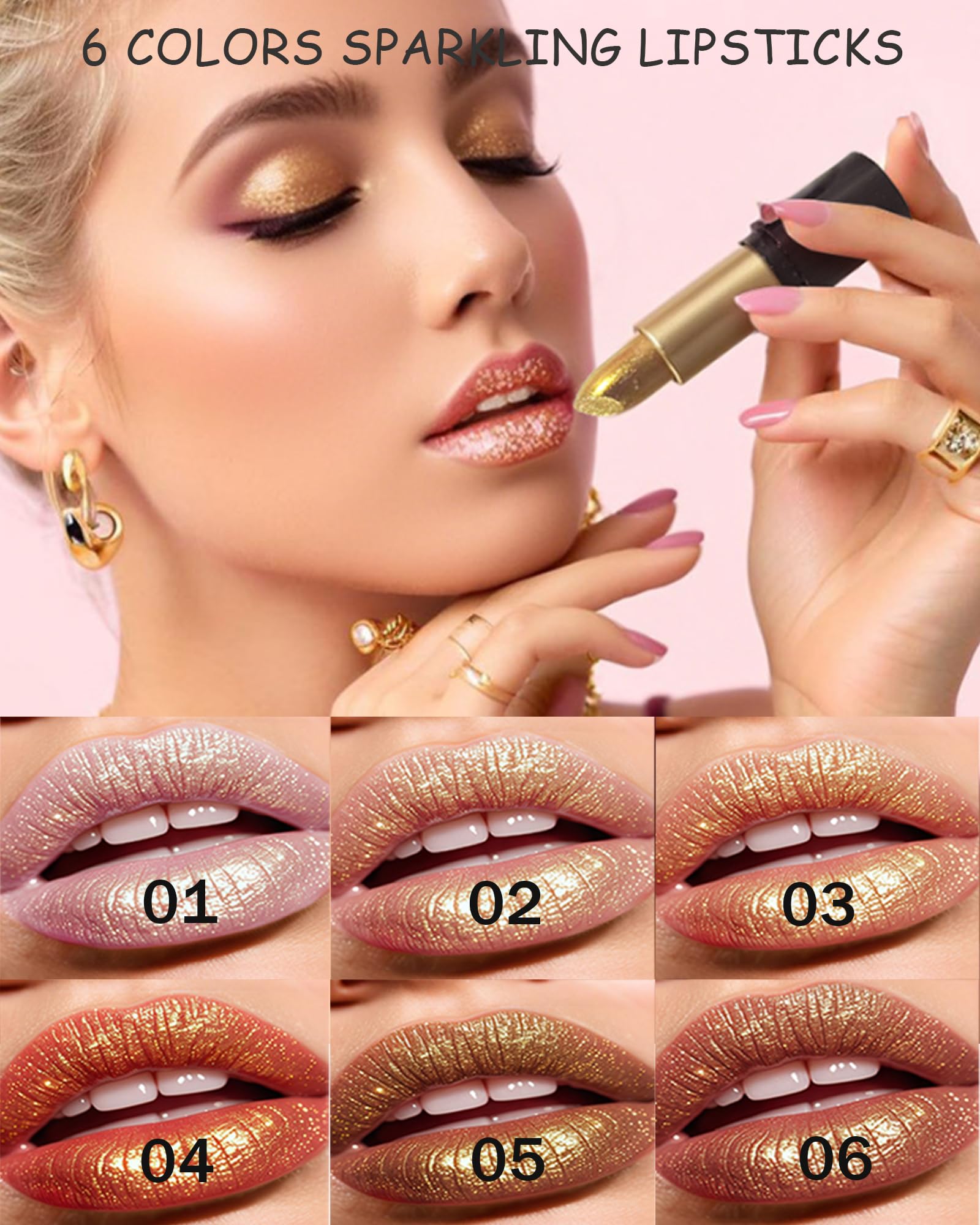 6-teiliges metallisches Glitzer-Lippenstift-Set, funkelnder schimmernder Lippenstift, hochpigmentierter Lipgloss für Frauen, Diamant-glänzend, langlebig, 24 Stunden wasserdicht, antihaftbeschichtet