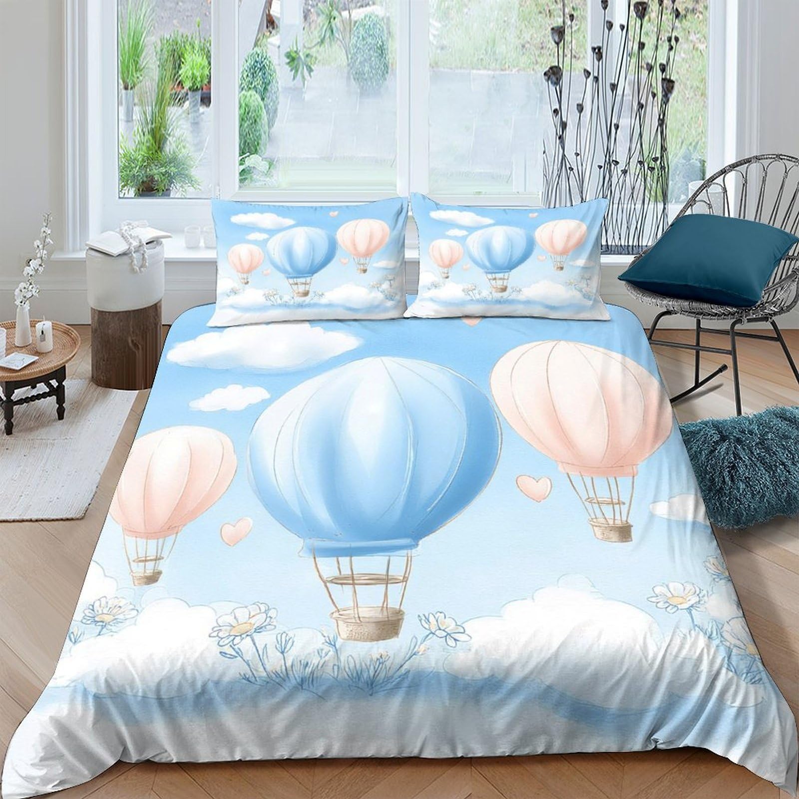 GPLZQXKJNH 3D Printed Hot Air Balloon Duvet Cover Set Microfiber Soft Breathable Cloud Sky Bedding with 2 Pillowcases for Bedroom Decor Single（135x200cm）