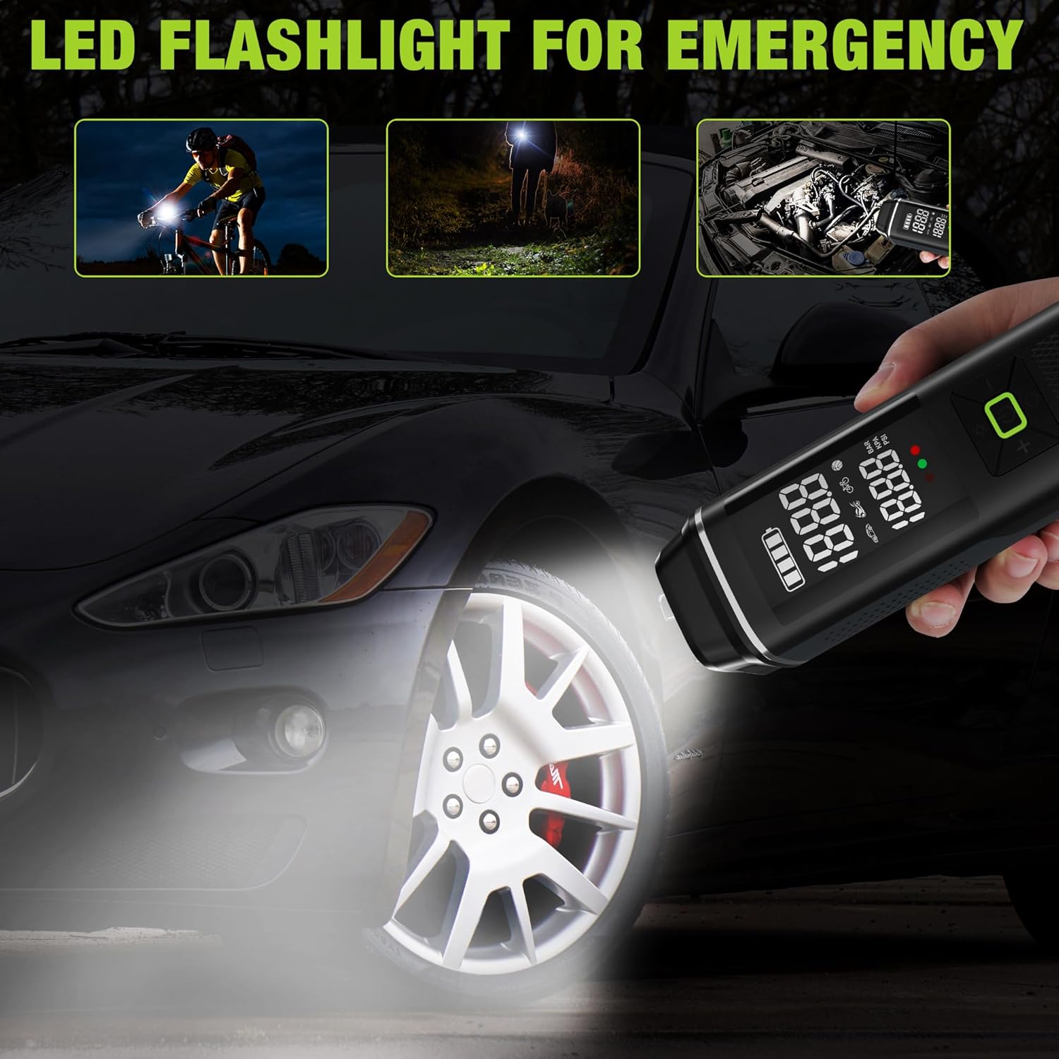 WORKPRO Portable Tire Inflator, 7.2V/12V Small/Mid/Large Air Compressor, Digital Display, Auto Shut-Off, 5 Modes, LED Light, High Airflow, for Car, Motorcycle, Bike, Balls